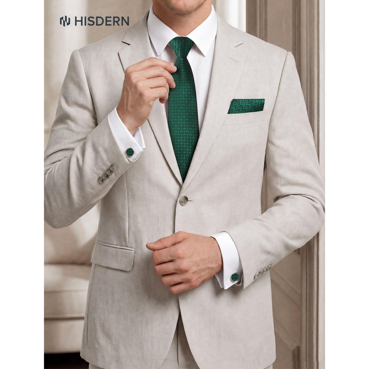 Hisdern Men's Houndstooth 4-Piece Tie Set in Dark Green for Weddings & Formal Wear