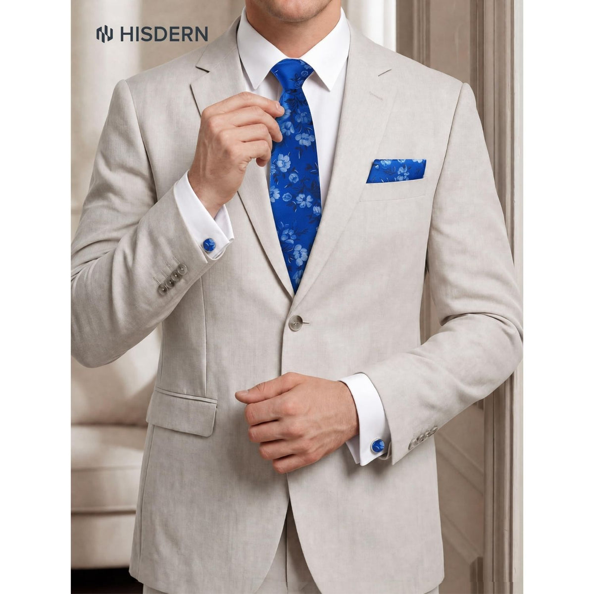 Hisdern Men's Floral 4-Piece Tie Set in Royal Blue for Weddings & Formal Wear
