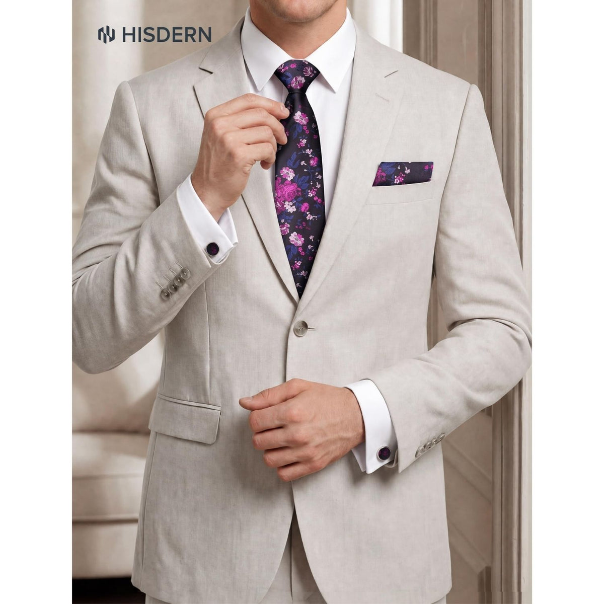 Hisdern Men's Floral 4-Piece Tie Set in Black Rose Pink for Weddings & Formal Wear