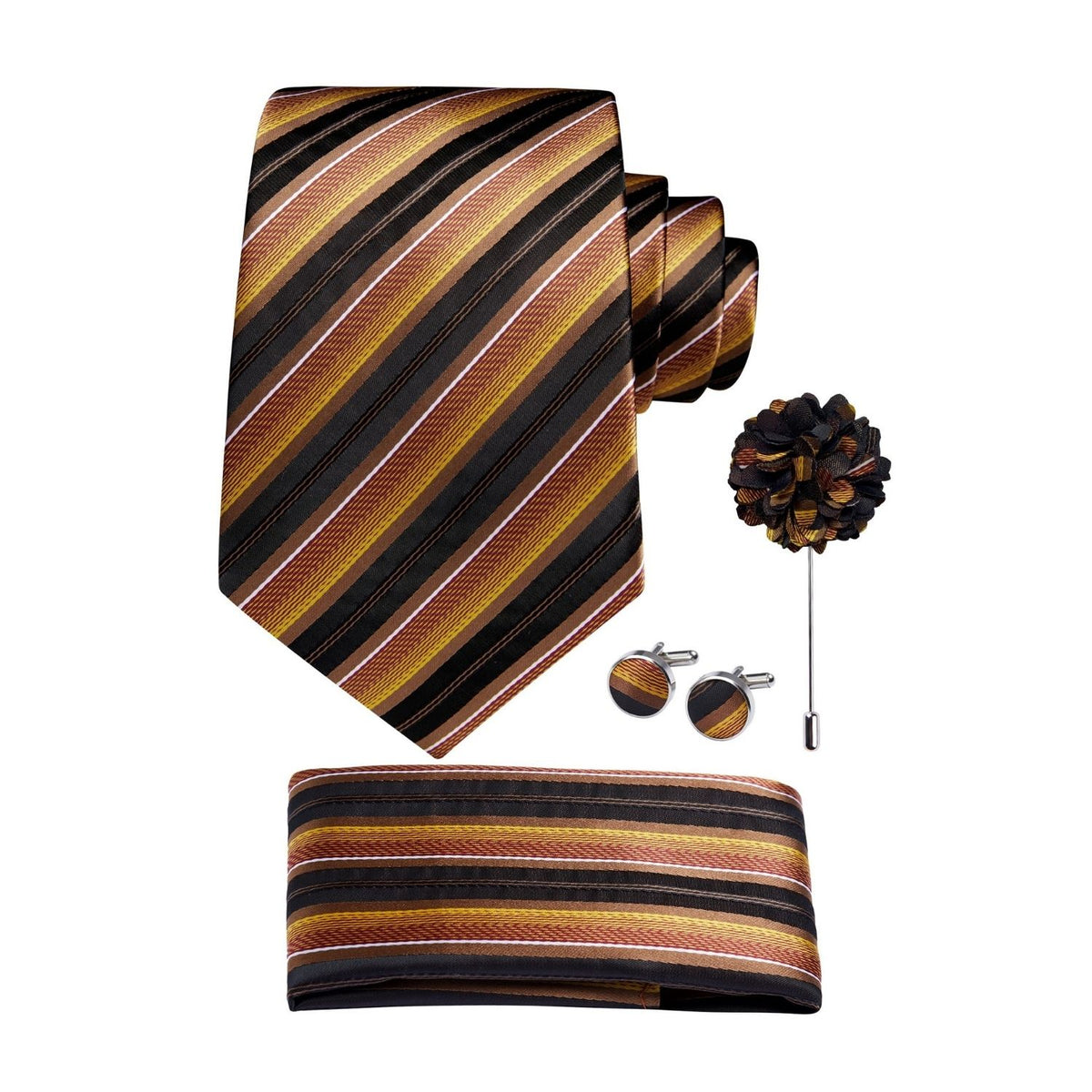 Hisdern Men's Striped 4-Piece Tie Set in Brown Burnt Orange for Weddings & Formal Wear