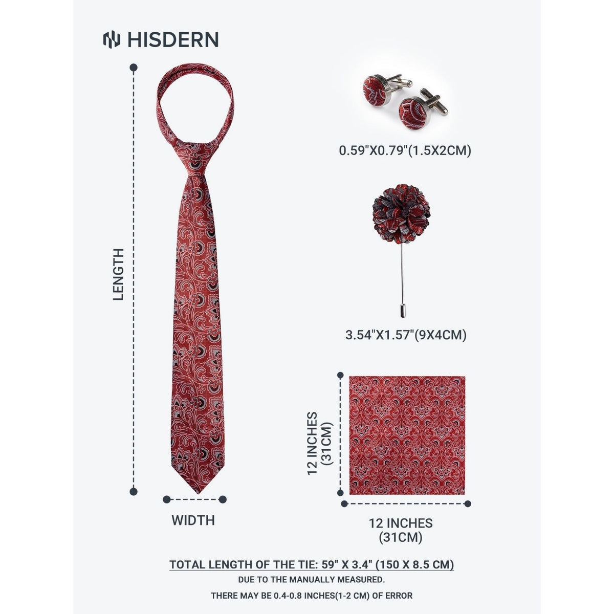 Hisdern Men's Paisley 4-Piece Tie Set in Bright Red for Weddings & Formal Wear