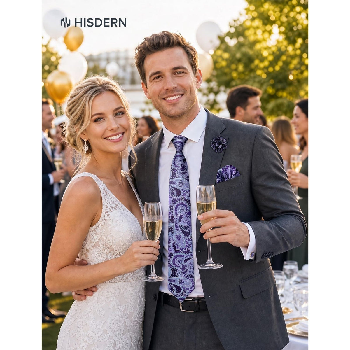 Hisdern Men's Paisley 4-Piece Tie Set in Purple ice Blue for Weddings & Formal Wear