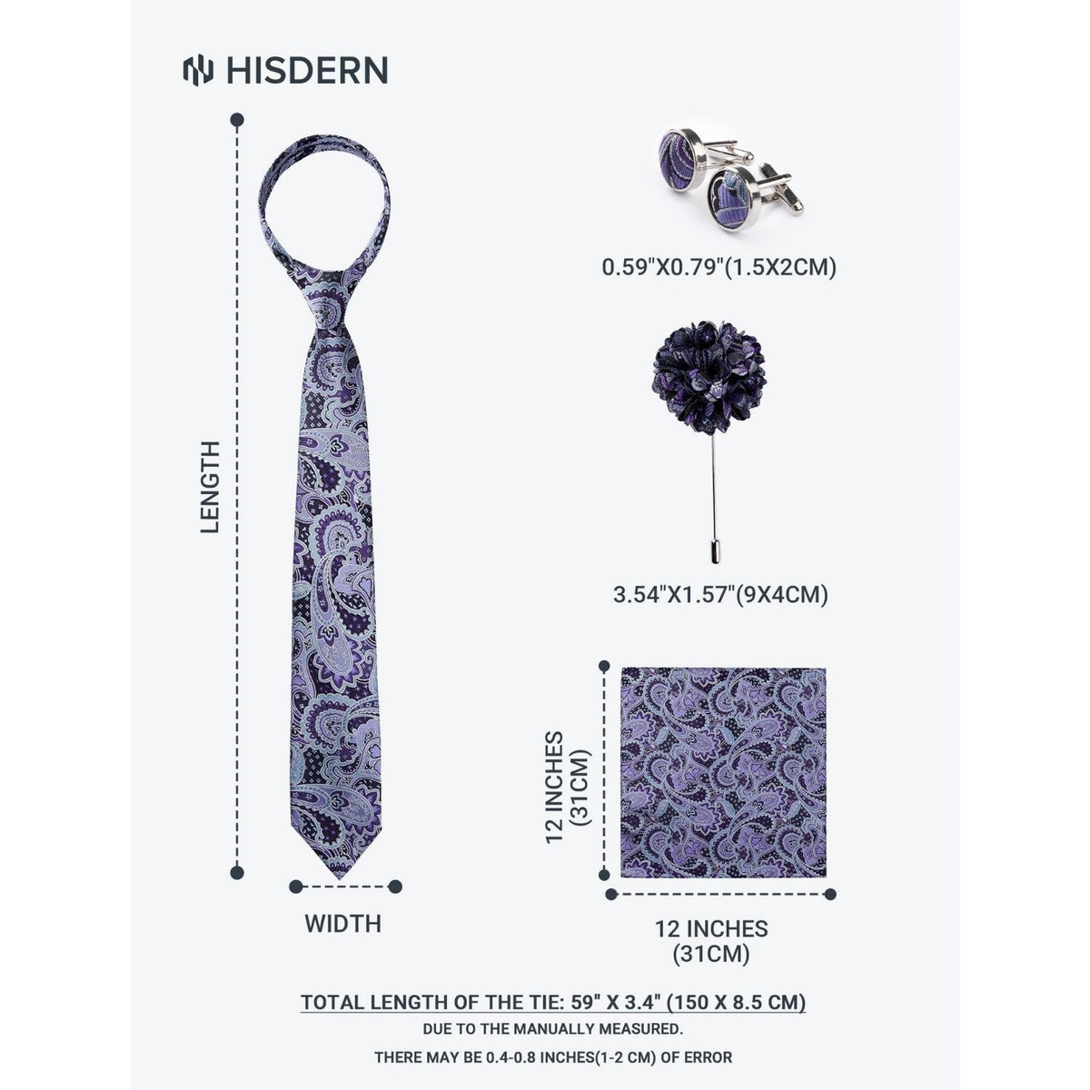 Hisdern Men's Paisley 4-Piece Tie Set in Purple ice Blue for Weddings & Formal Wear