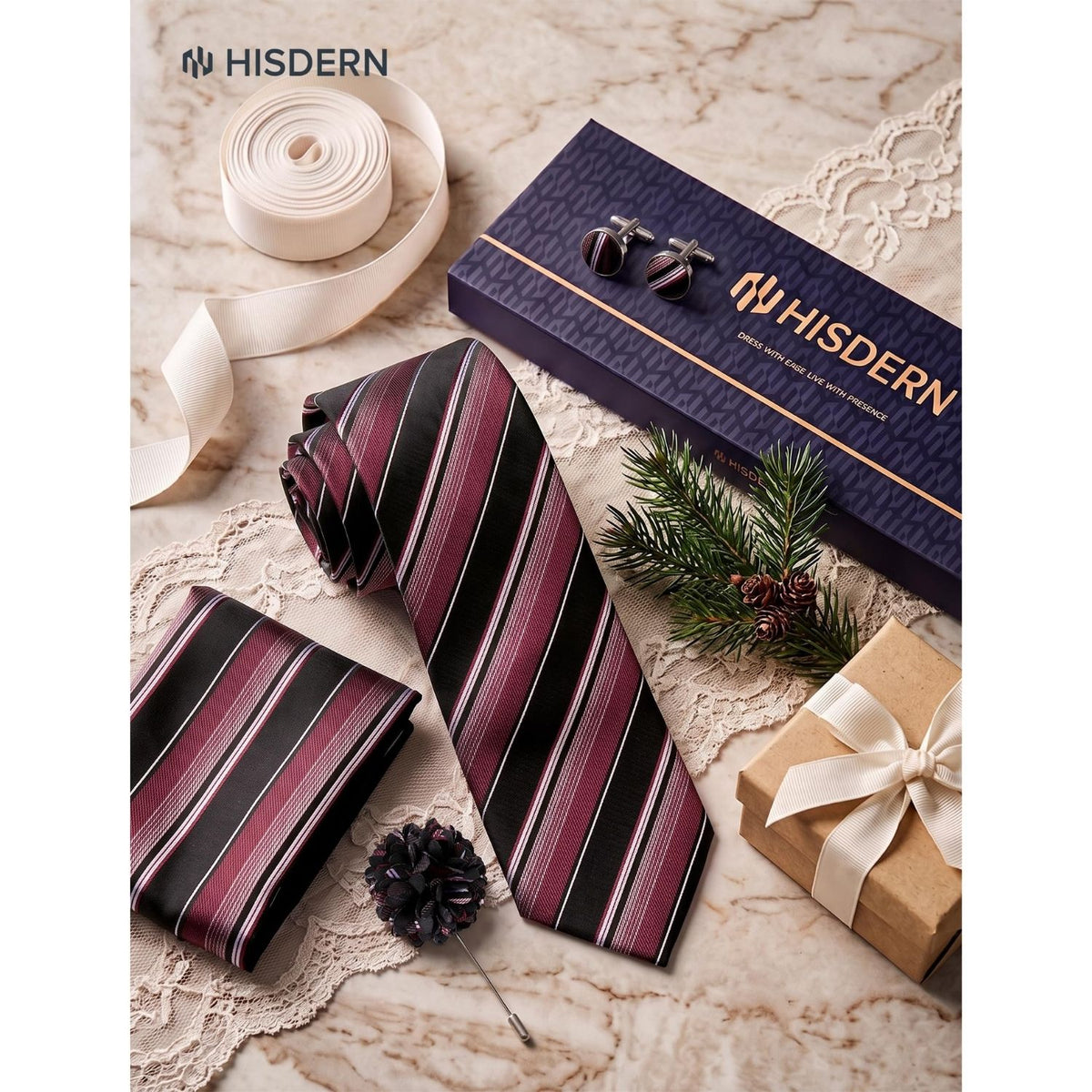 Hisdern Men's Striped 4-Piece Tie Set in Wine Red & Black for Weddings & Formal Wear