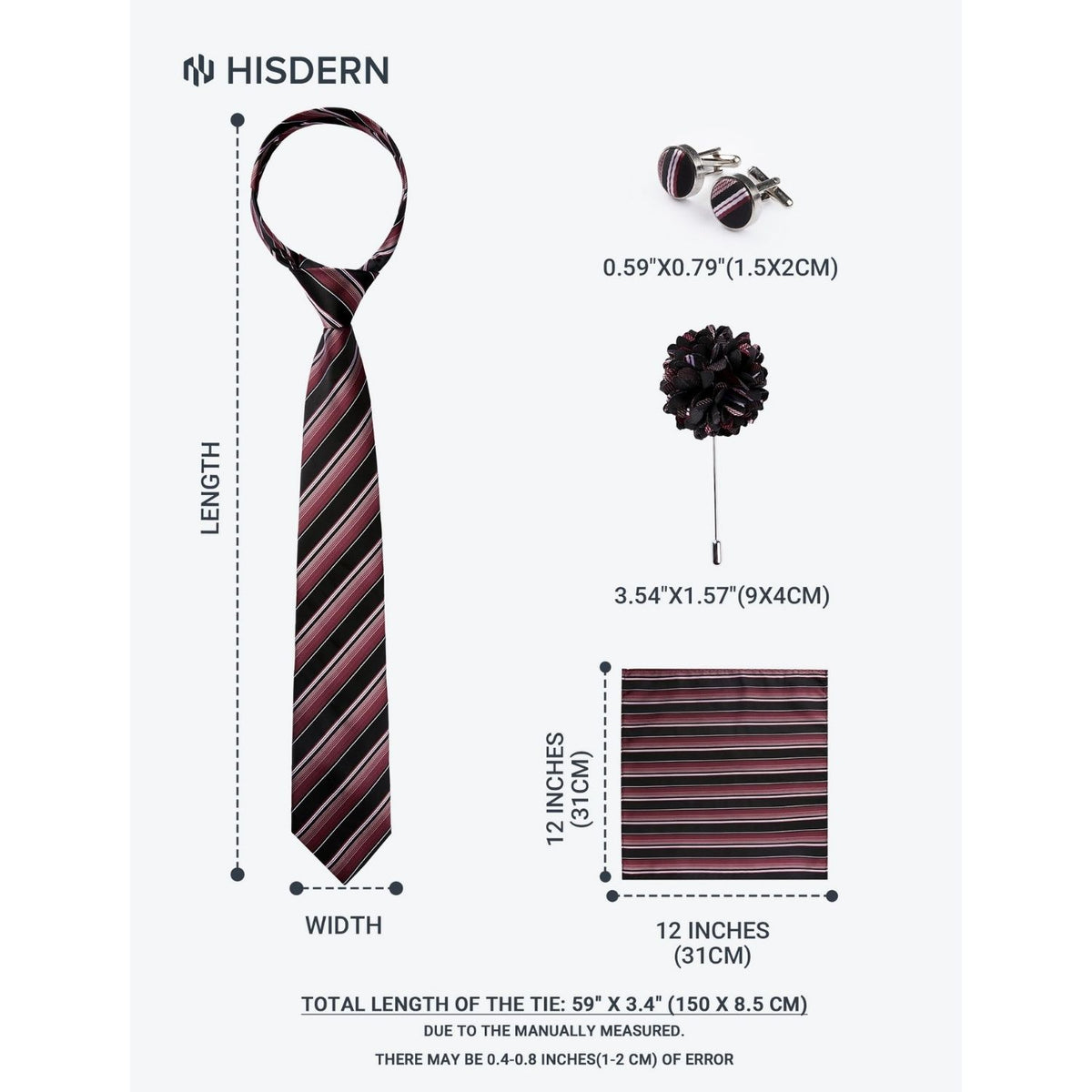 Hisdern Men's Striped 4-Piece Tie Set in Wine Red & Black for Weddings & Formal Wear