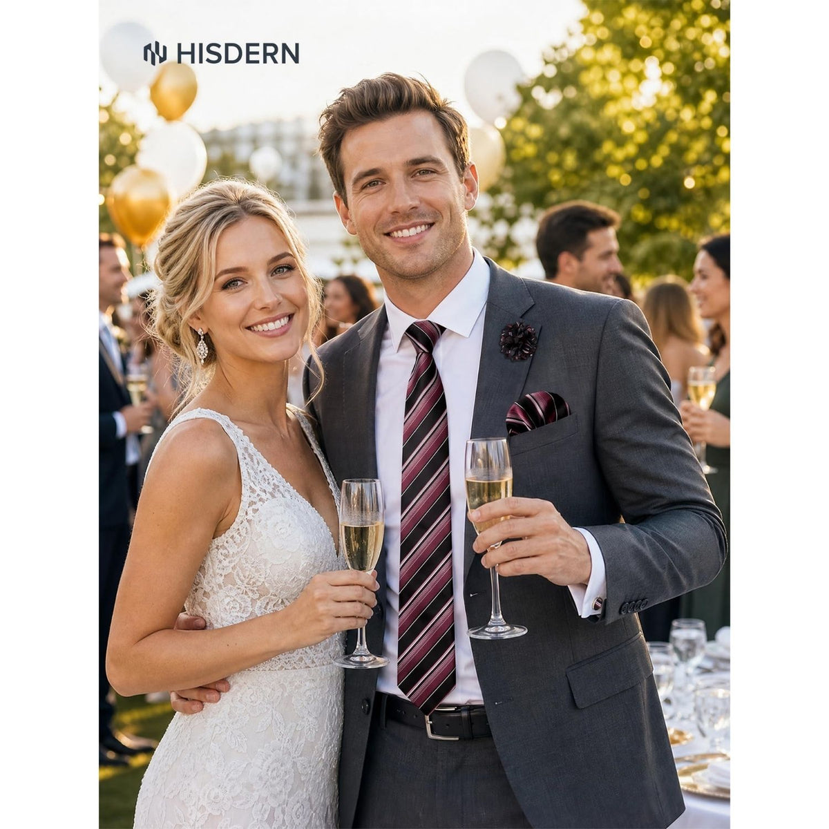 Hisdern Men's Striped 4-Piece Tie Set in Wine Red & Black for Weddings & Formal Wear