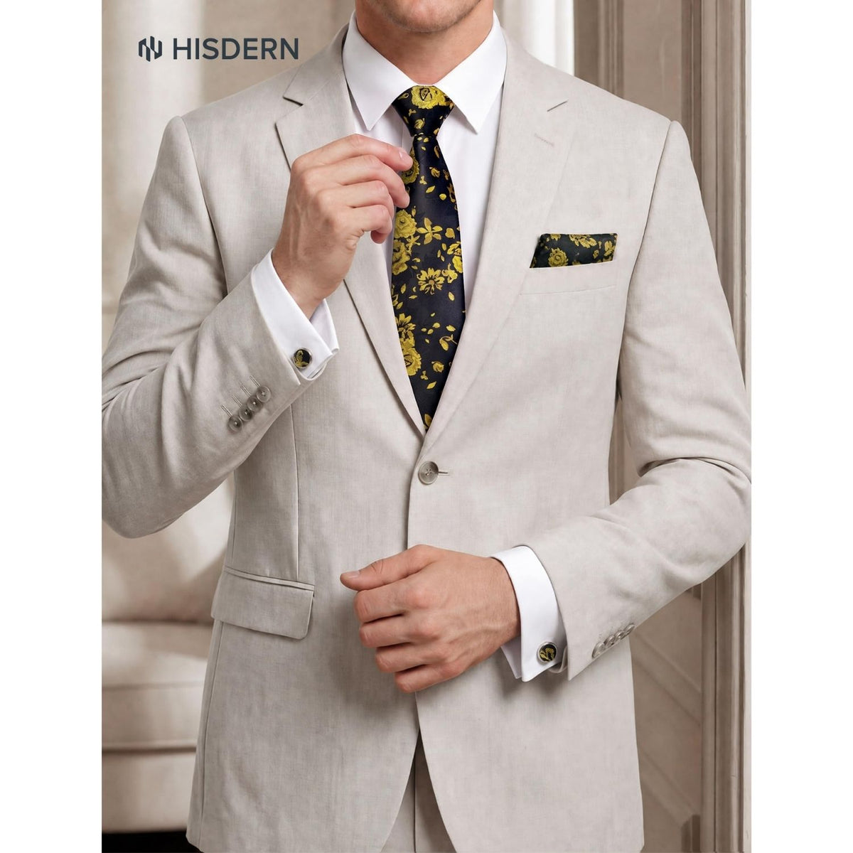 Hisdern Men's Floral 4-Piece Tie Set in Yellow Black for Weddings & Formal Wear