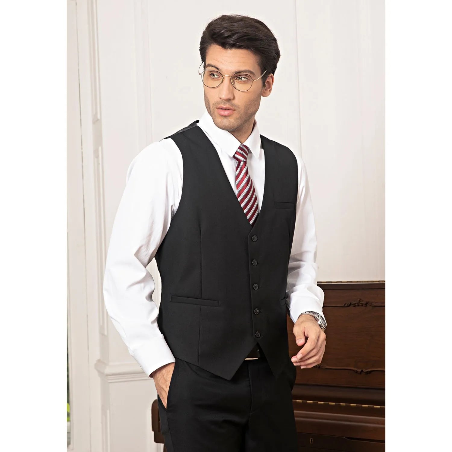 Hisdern Black Satin Vest and Floral Accessory Set
