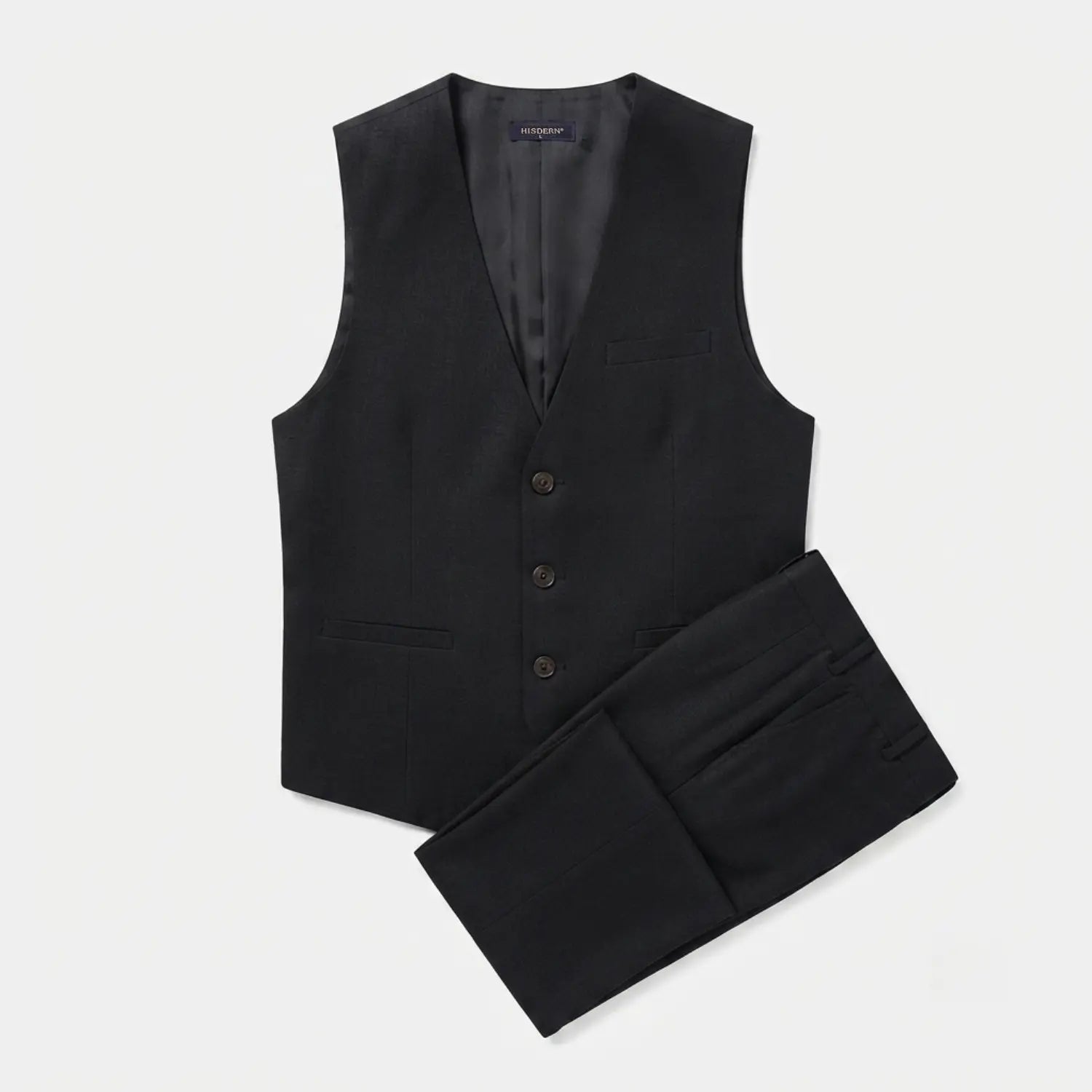 Hisdern Men's Cotton-Linen Black Vest & Pants Set