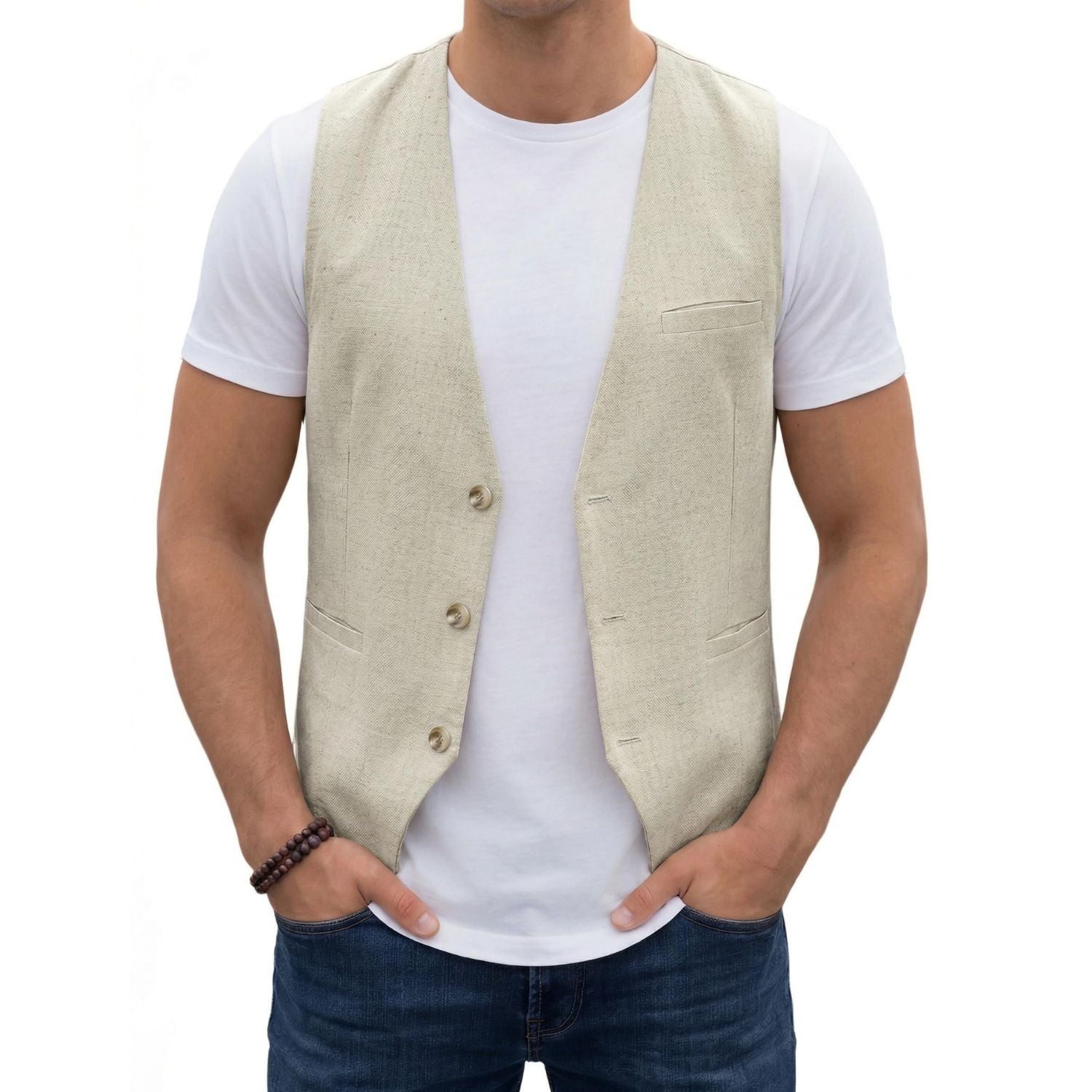 Hisdern Men's Beige Casual Linen Vest Lightweight Summer Waistcoat