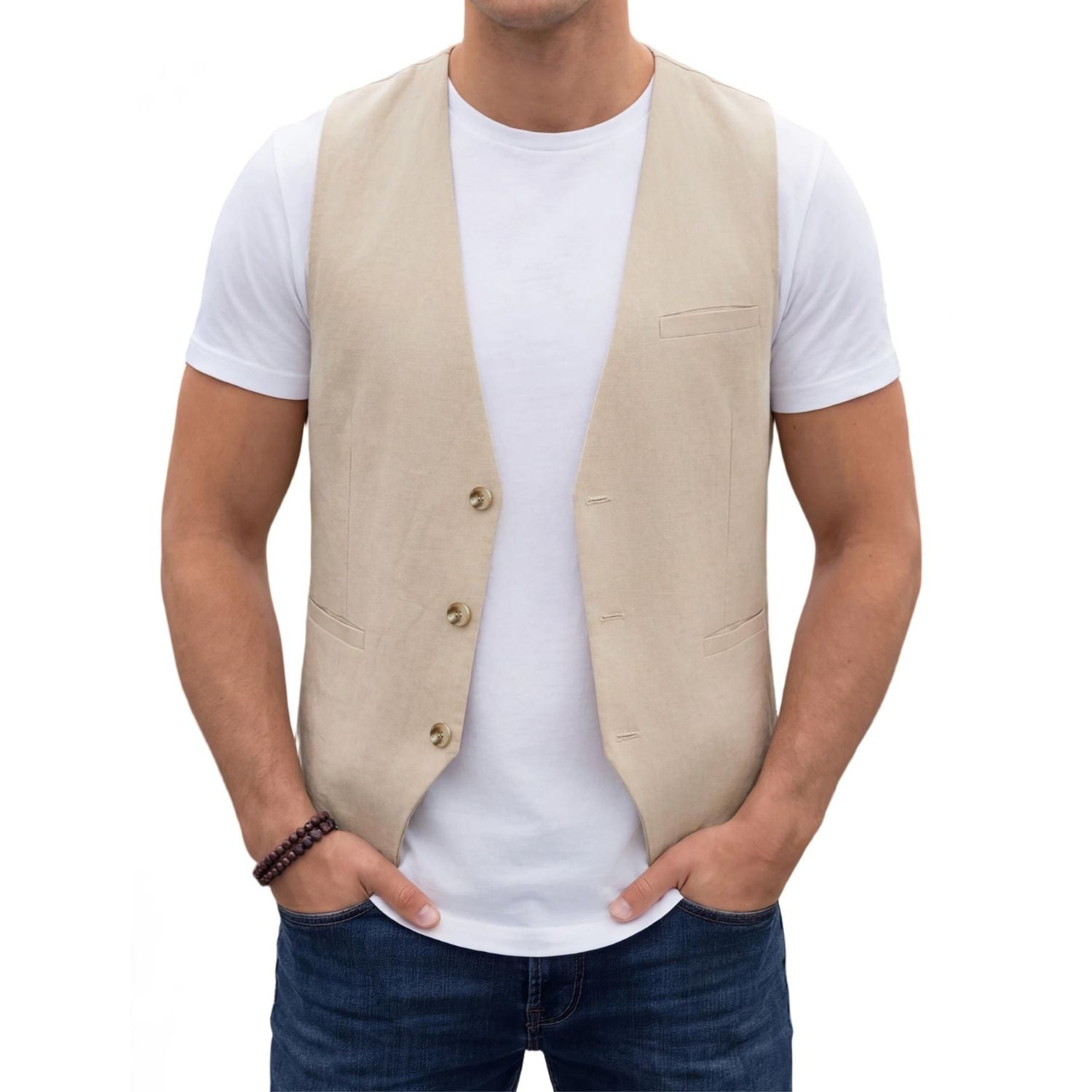 Hisdern Men's Champagne Casual Linen Vest Lightweight Summer Waistcoat