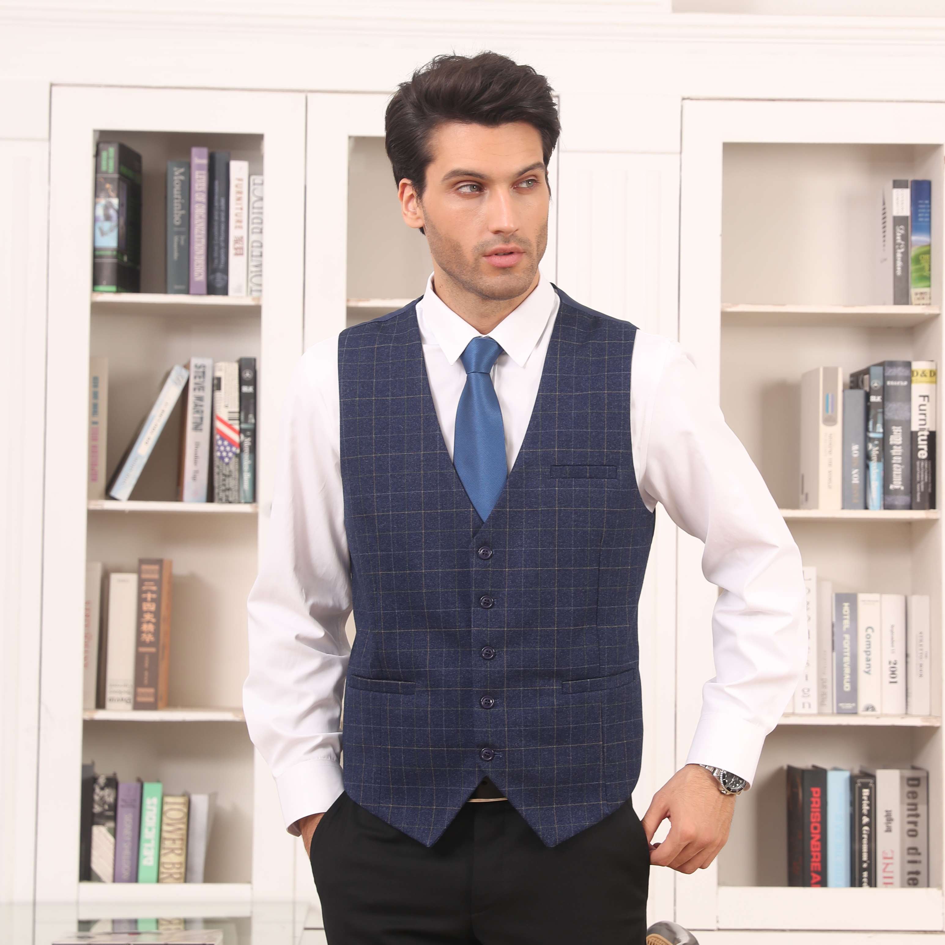 Plaid Slim Suit Vest - A-BLUE