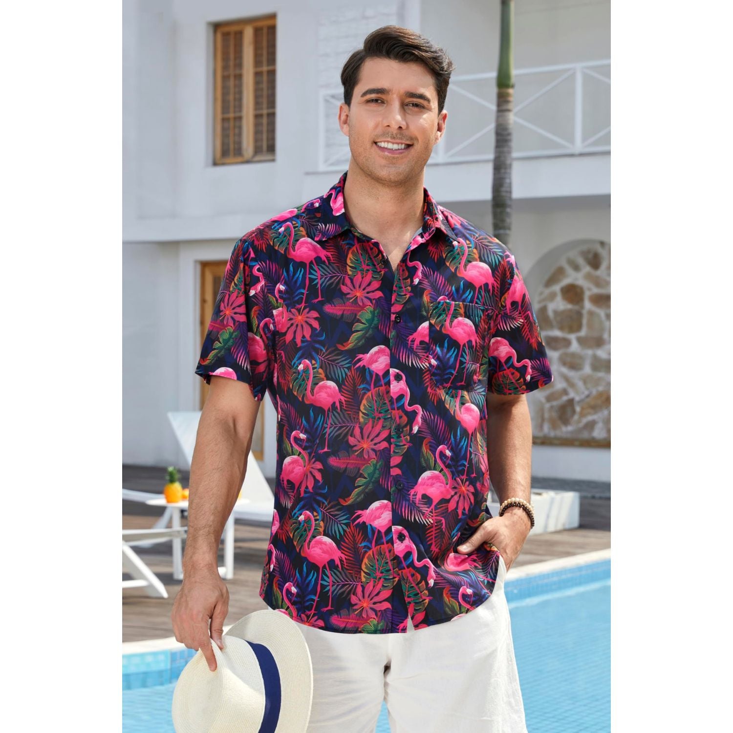 Yellow Black Flamingo Button Up Hawaiian Shirt For Summer Vacation