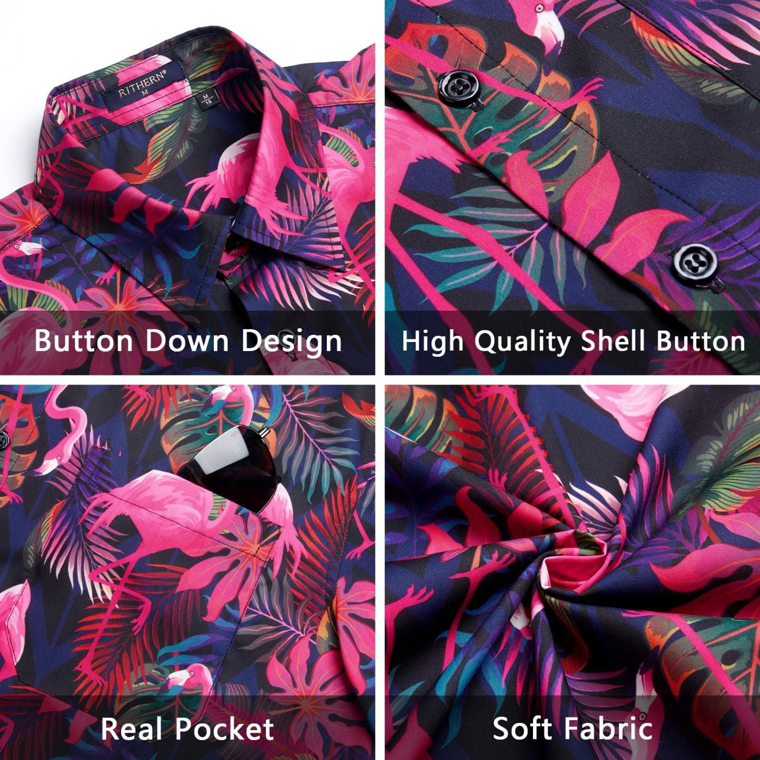 Yellow Black Flamingo Button Up Hawaiian Shirt For Summer Vacation