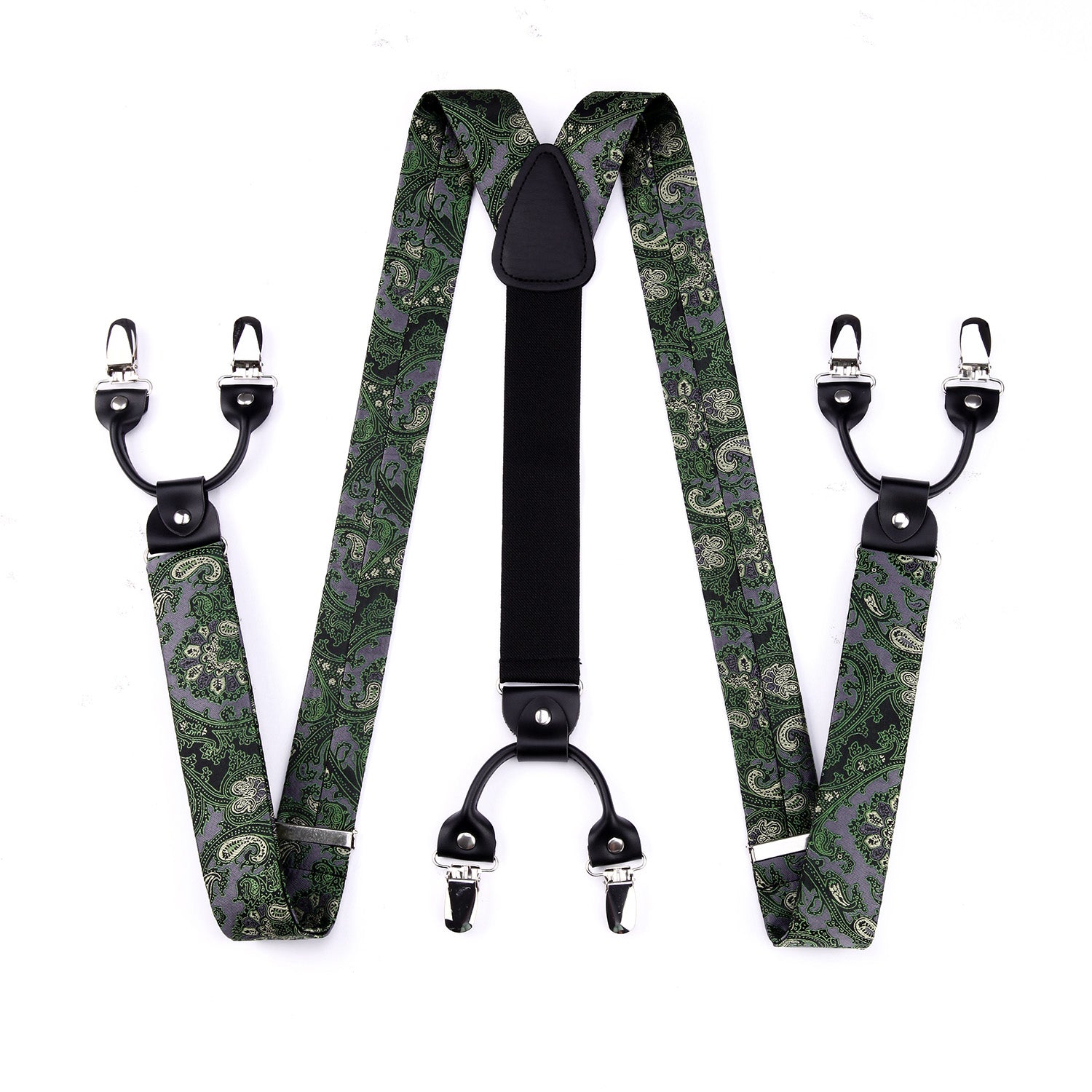 Paisley Floral Suspender Pre-Tied Bow Tie Handkerchief - D8-GREEN /GRAY