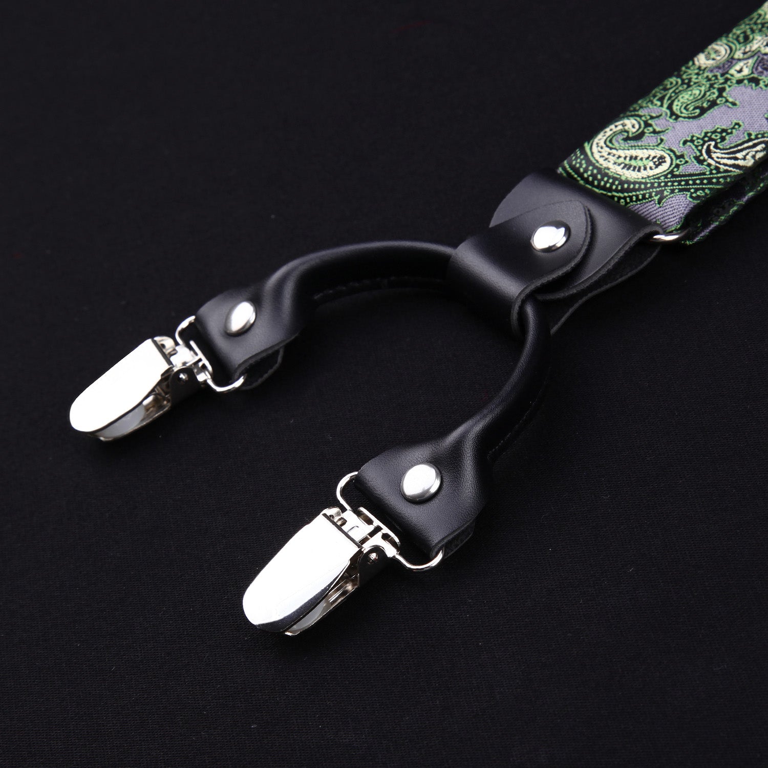 Paisley Floral Suspender Pre-Tied Bow Tie Handkerchief - D8-GREEN /GRAY