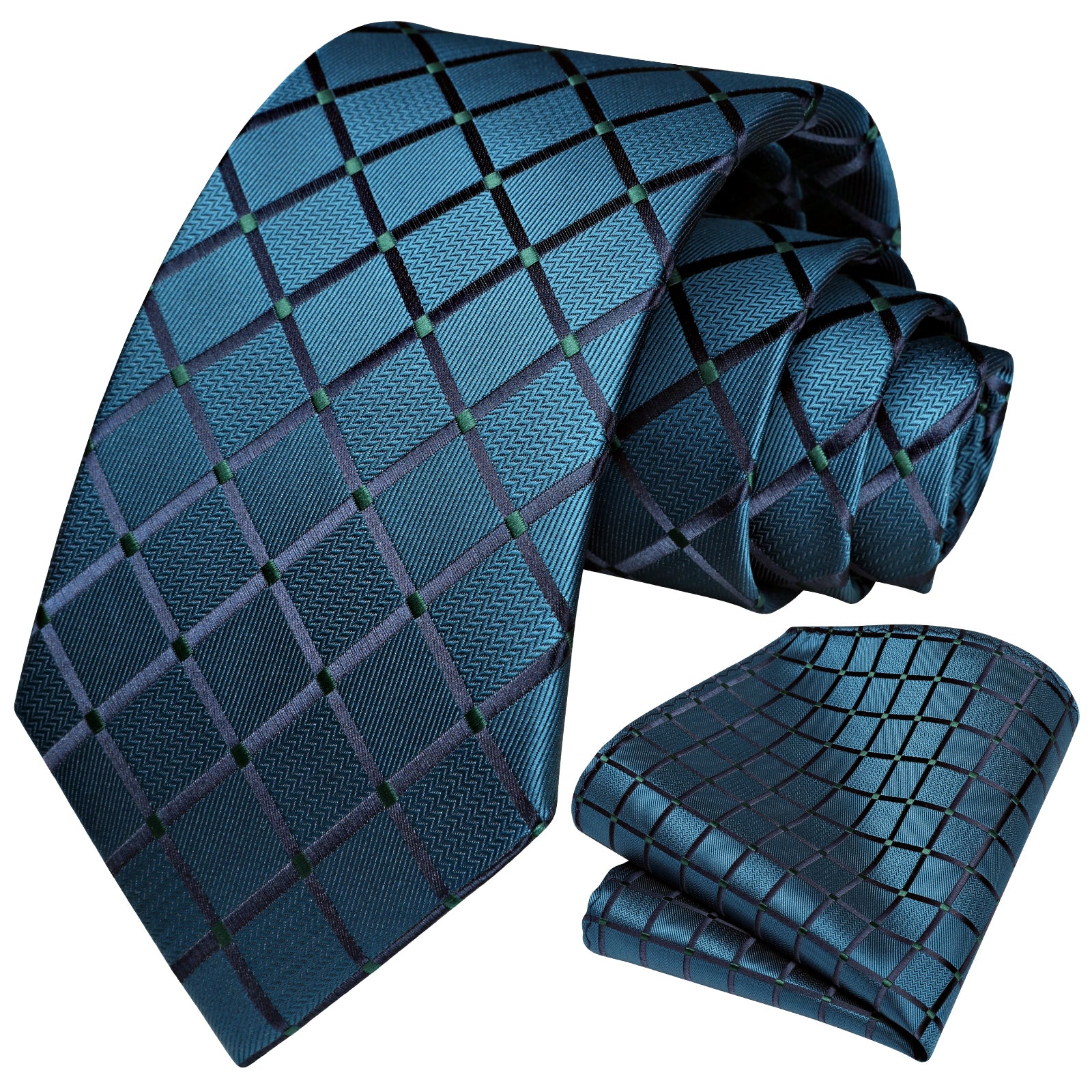 Plaid Tie Handkerchief Set - A6-TEAL