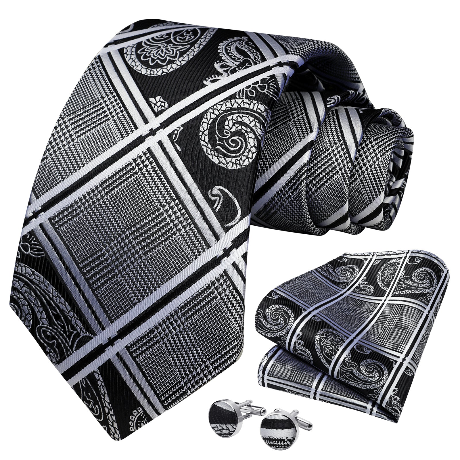 Plaid Tie Handkerchief Set - A1 - BLACK
