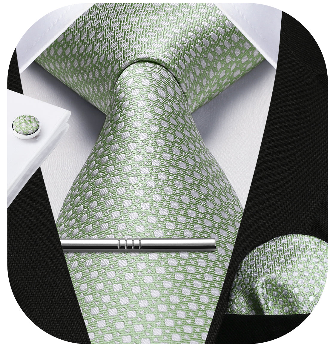 Houndstooth Tie Handkerchief Cufflinks - 01-SAGE GREEN