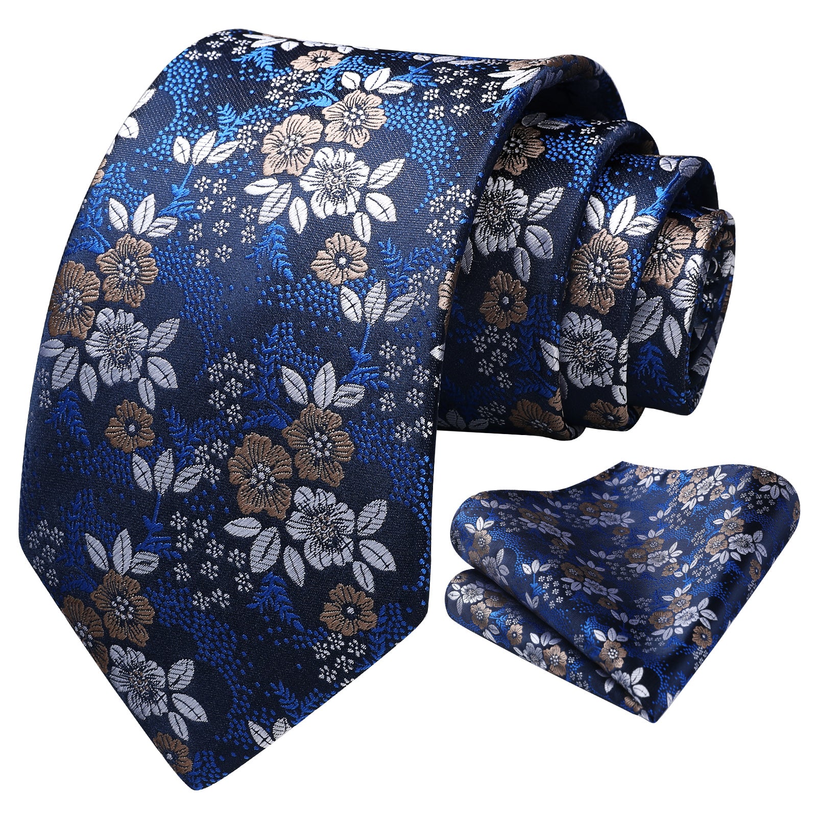 Floral 3.4 Tie Handkerchief Set - 06-NAVY BLUE/BROWN/WHITE