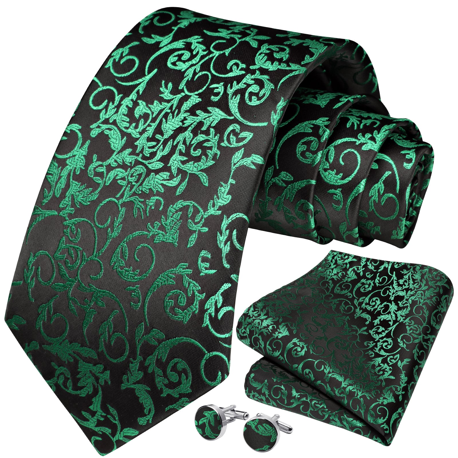 Floral Tie Handkerchief Cufflinks - GREEN-3