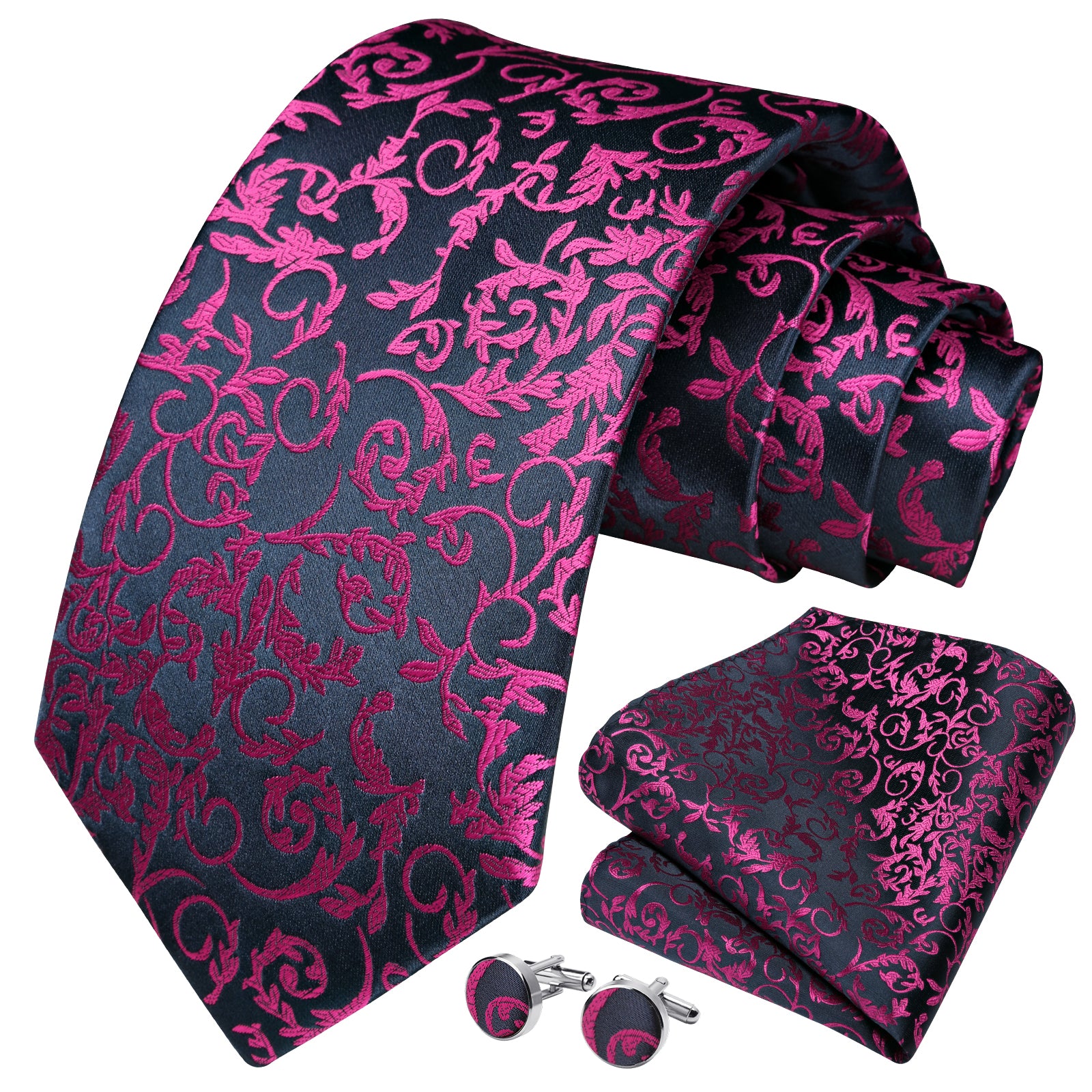 Floral Tie Handkerchief Cufflinks - HOT PINK