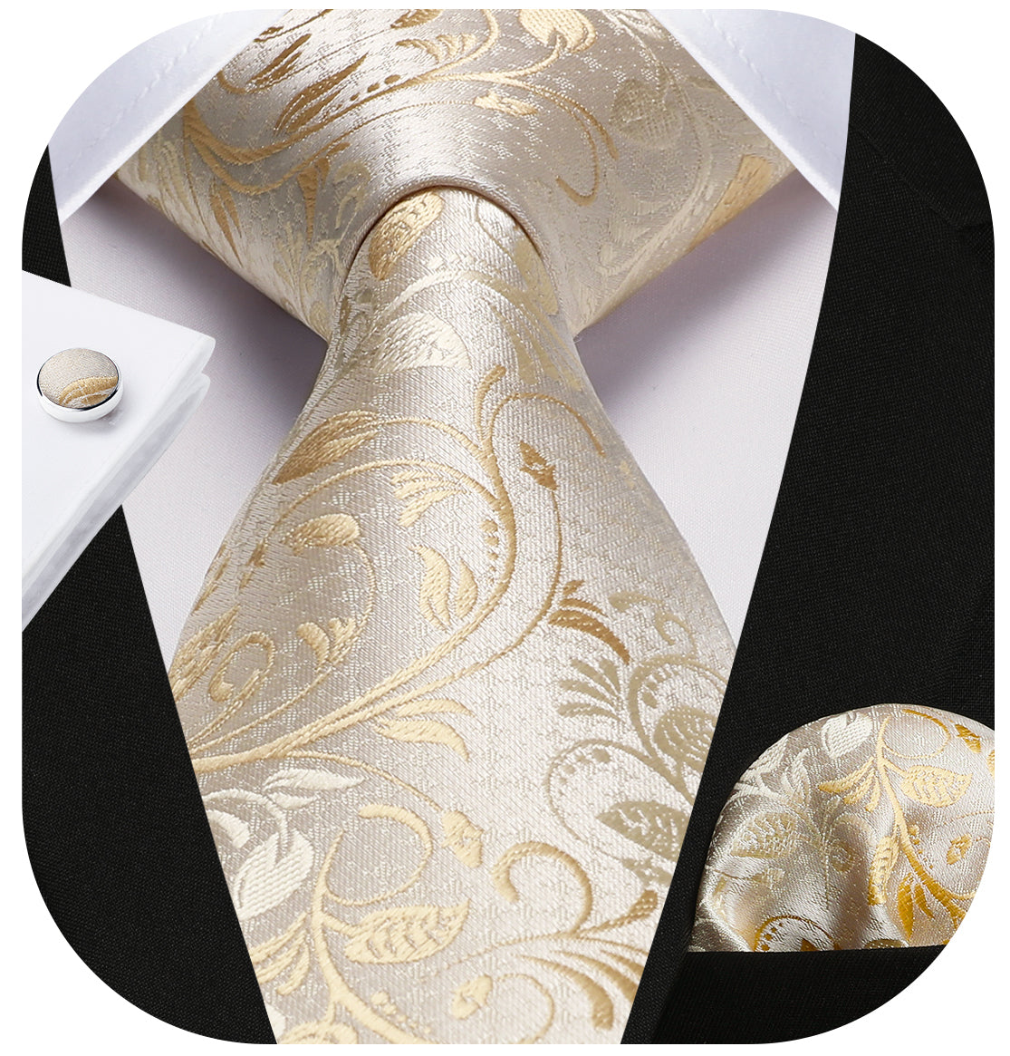 Floral Tie Handkerchief Cufflinks - CHAMPAGNE
