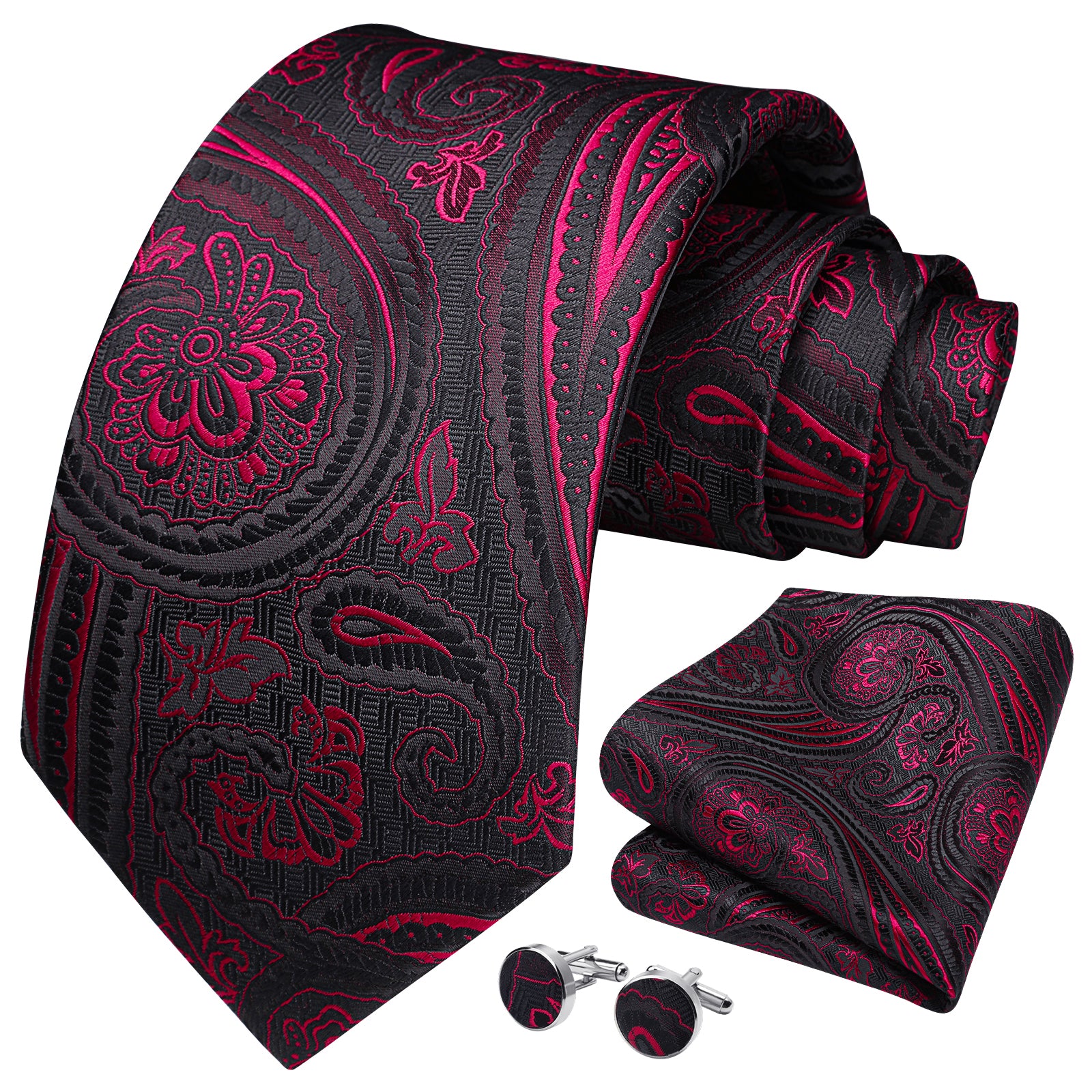 Paisley Tie Handkerchief Cufflinks - BURGUNDY-2