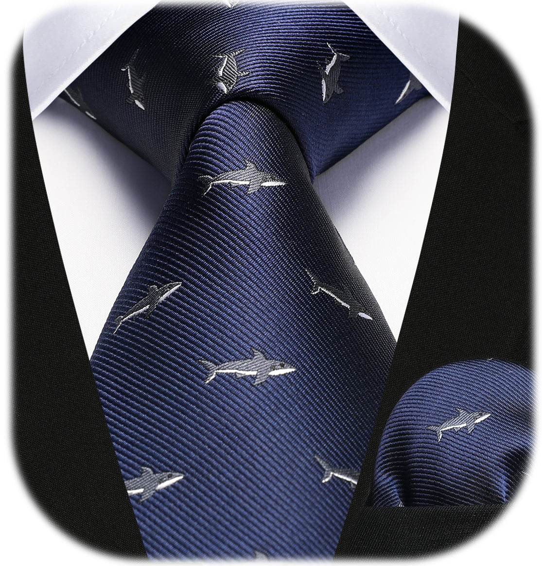 Shark Tie Handkerchief Set - Z-NAVY BLUE
