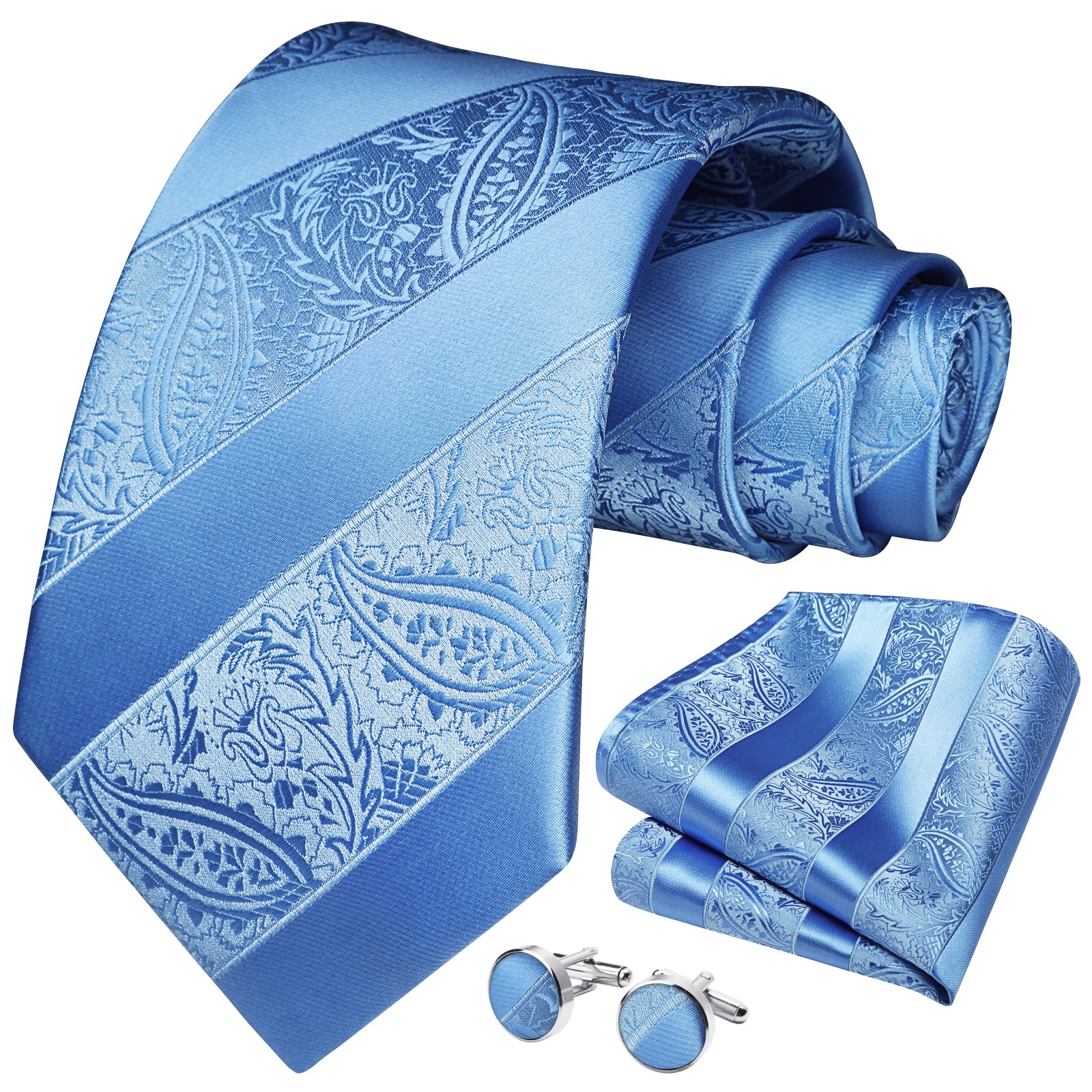 Stripe Tie Handkerchief Cufflinks - B1-BLUE