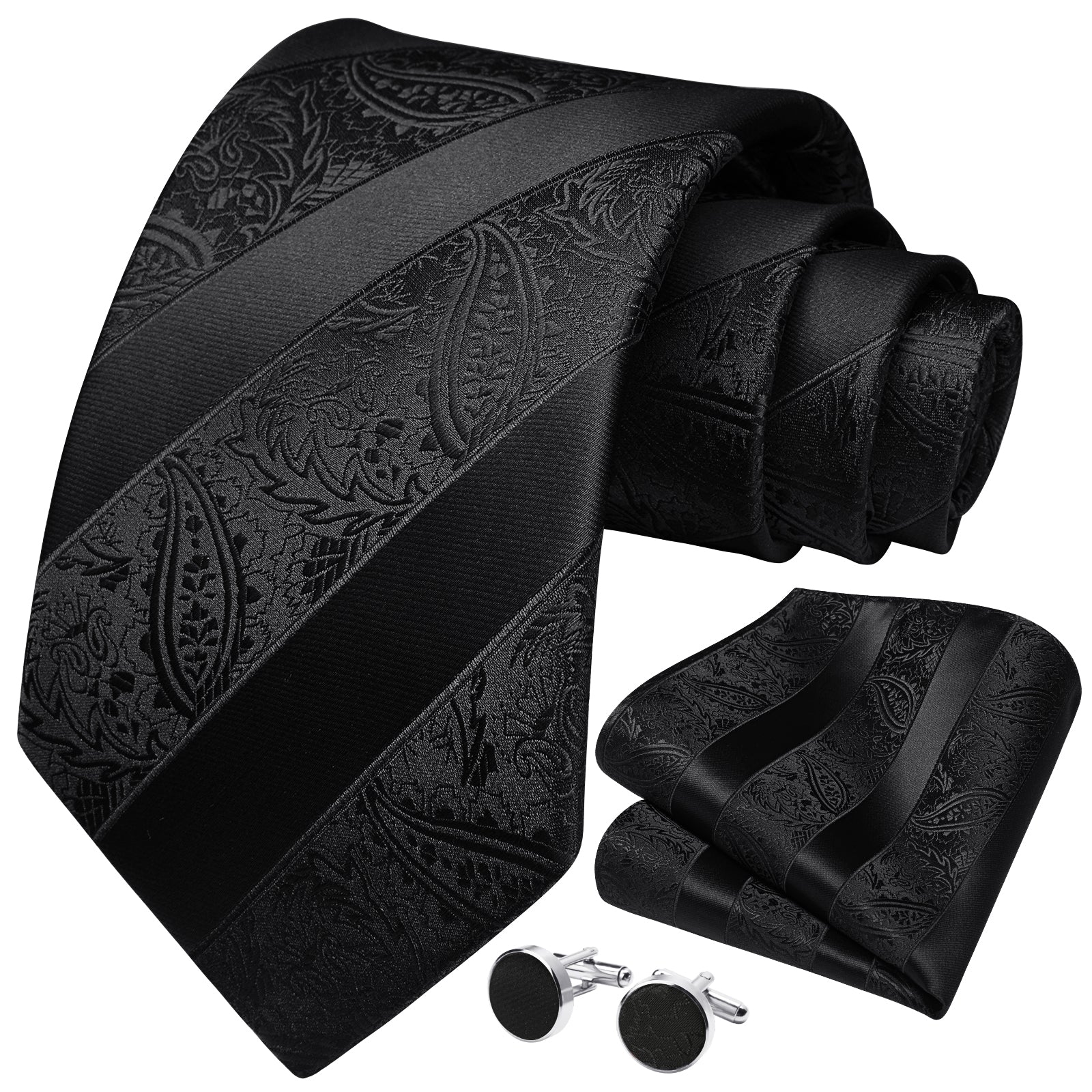 Stripe Tie Handkerchief Cufflinks - B1-BLACK