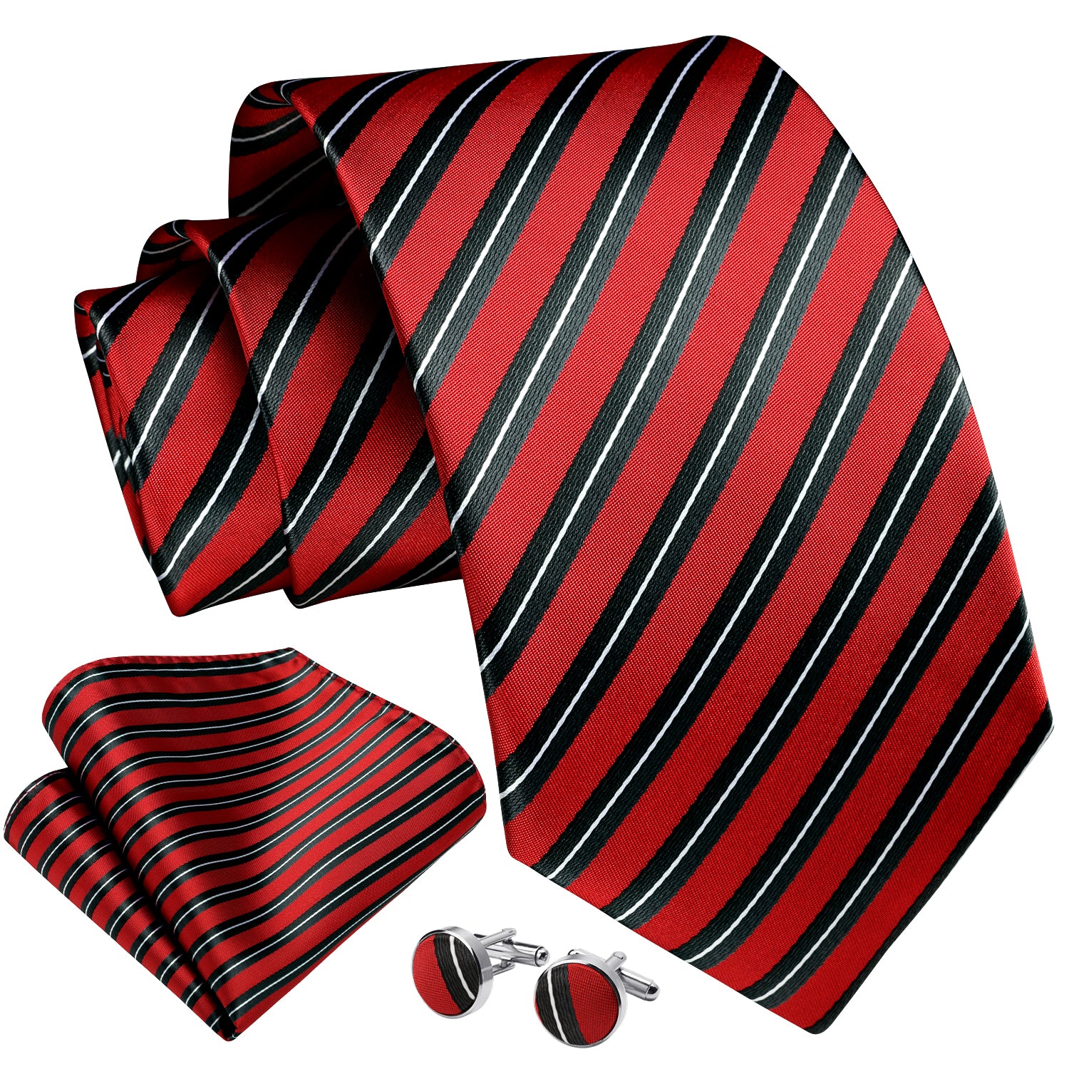 Stripe Tie Handkerchief Cufflinks - B02-RED/WHITE