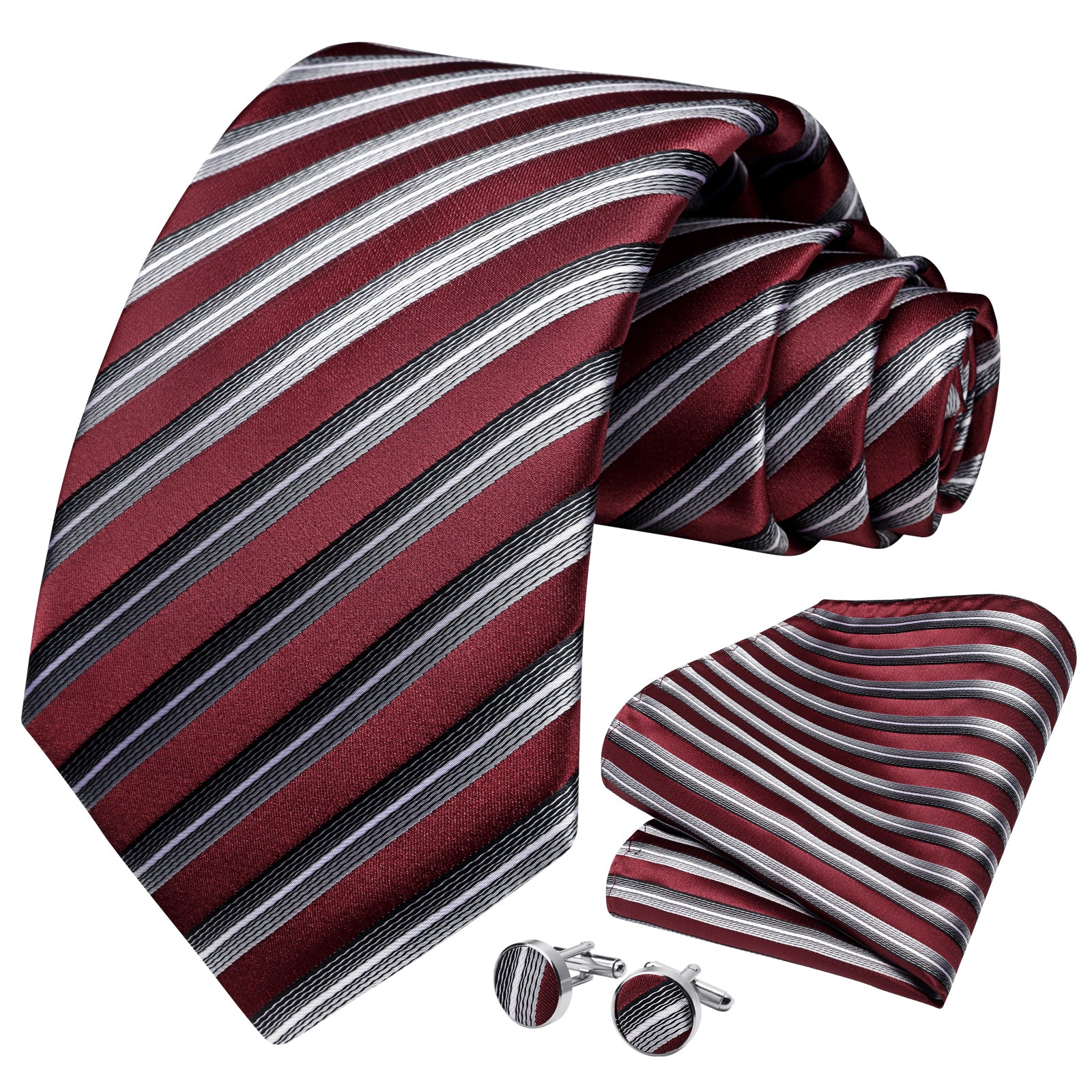 Stripe Tie Handkerchief Cufflinks - 02B-STRIPE-RED/GRAY