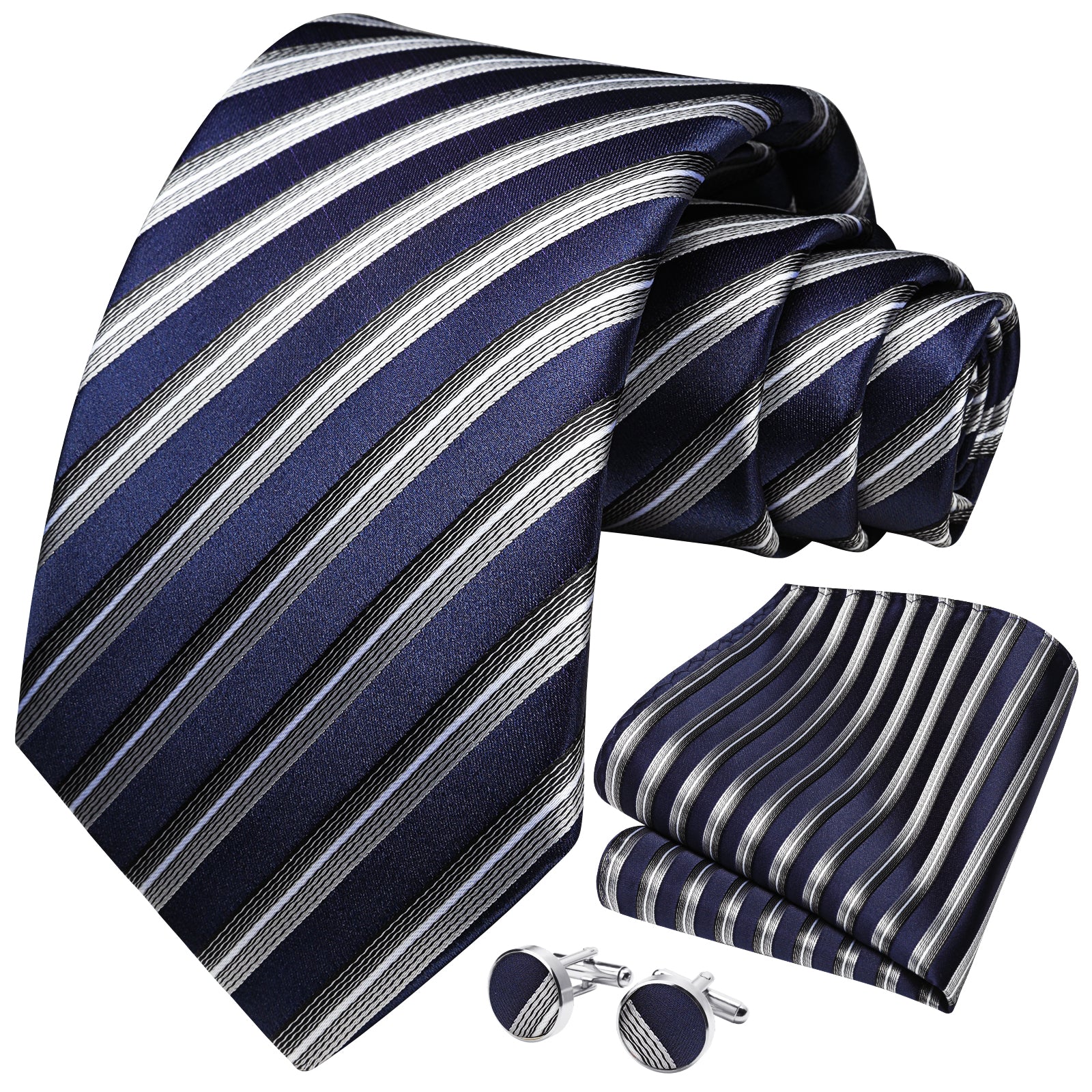 Stripe Tie Handkerchief Cufflinks - F1 - NAVY/GREY