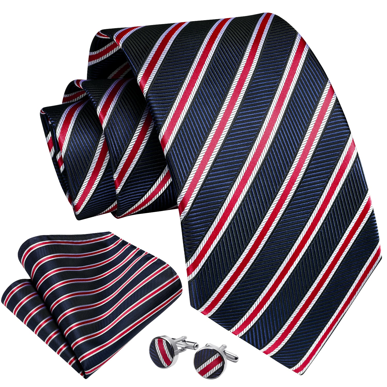 Stripe Tie Handkerchief Cufflinks - B03-NAVY BLUE/RED