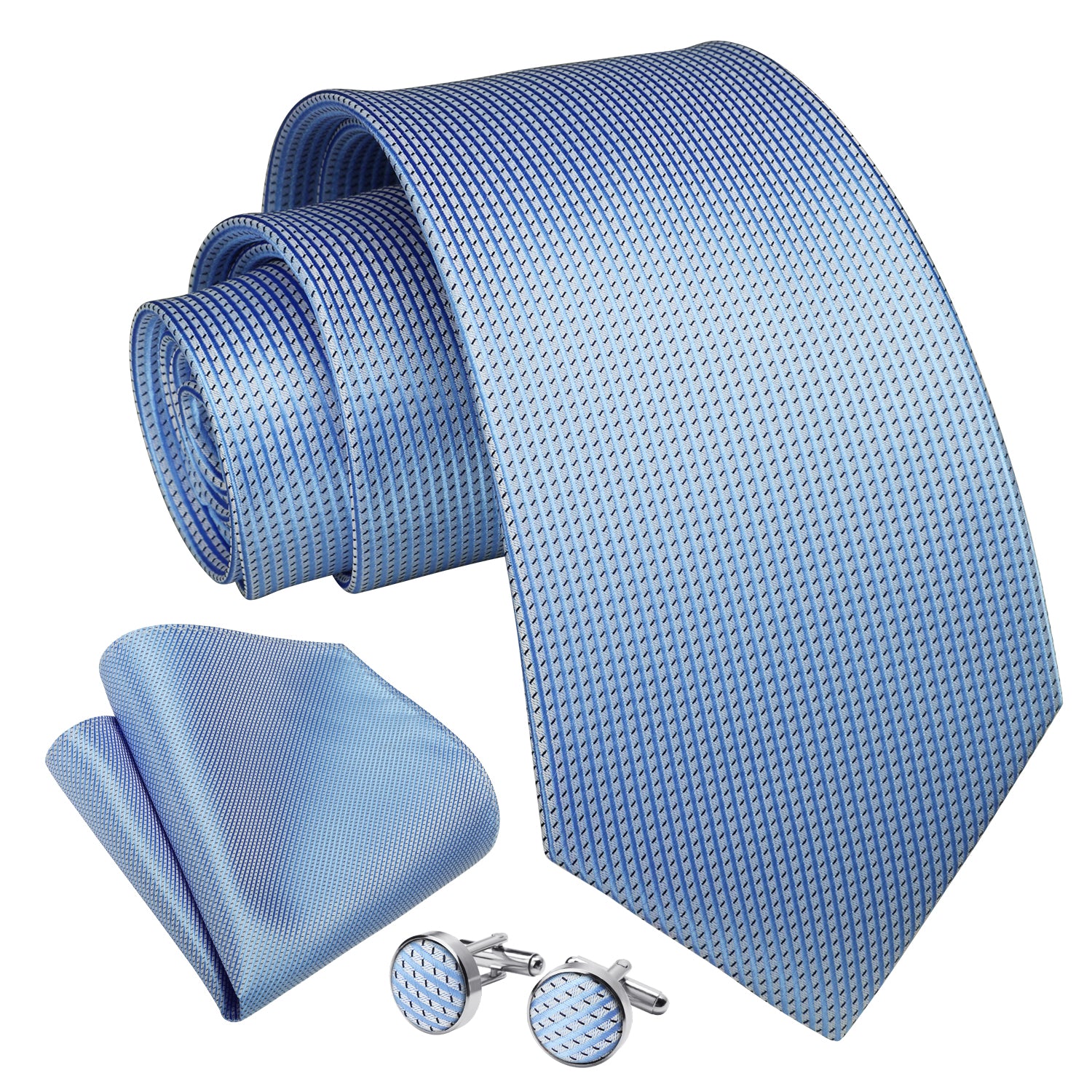Stripe Tie Handkerchief Cufflinks - A01-LIGHT BLUE