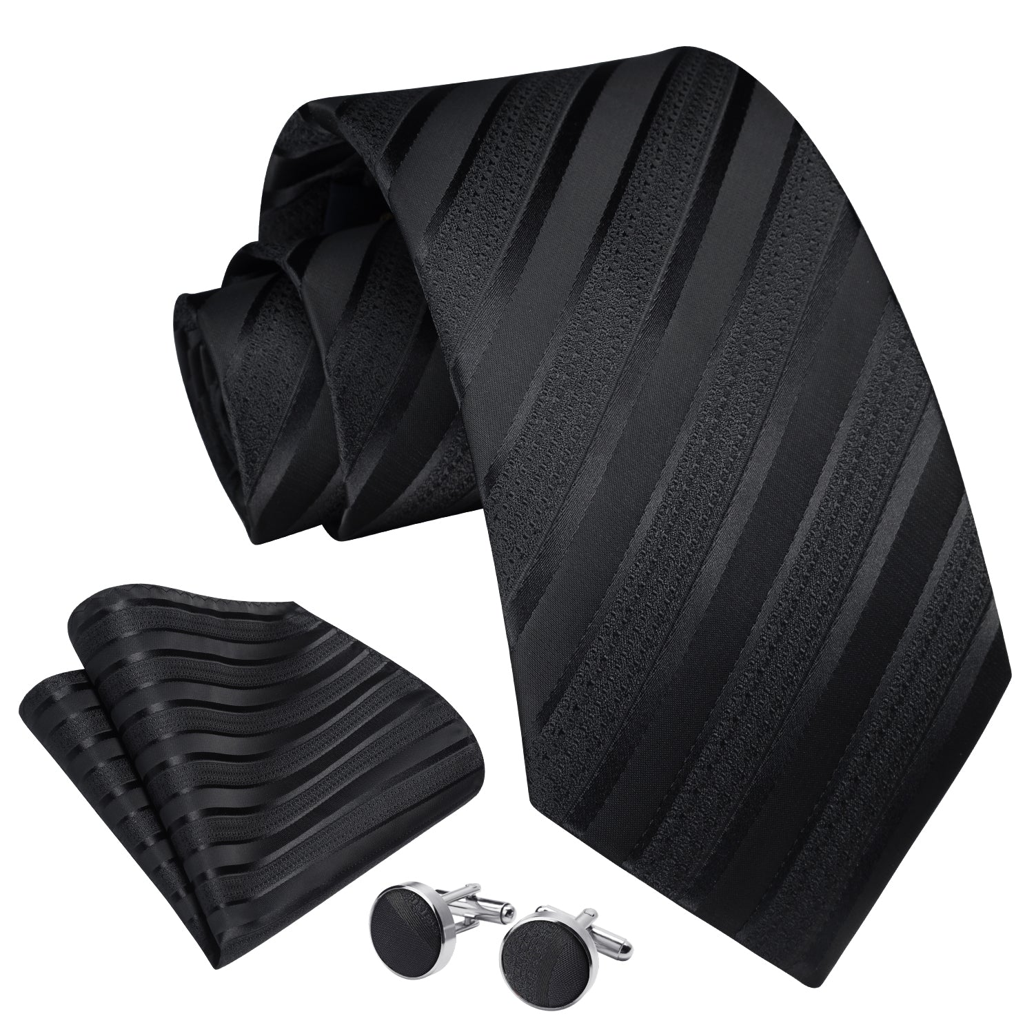 Stripe Tie Handkerchief Cufflinks - C06-BLACK