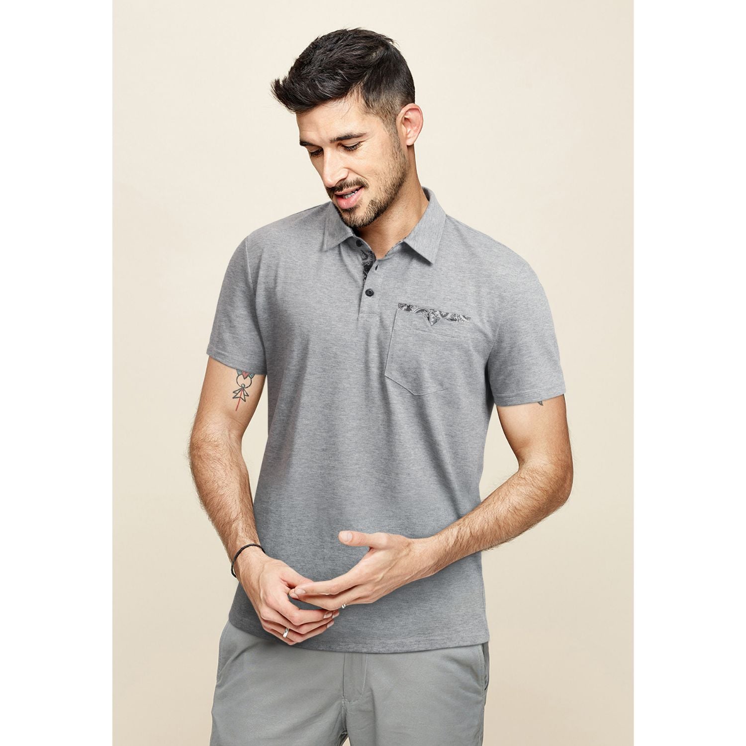 Polo Shirts Short Sleeve with Pocket - H-GREY-PAISLEY