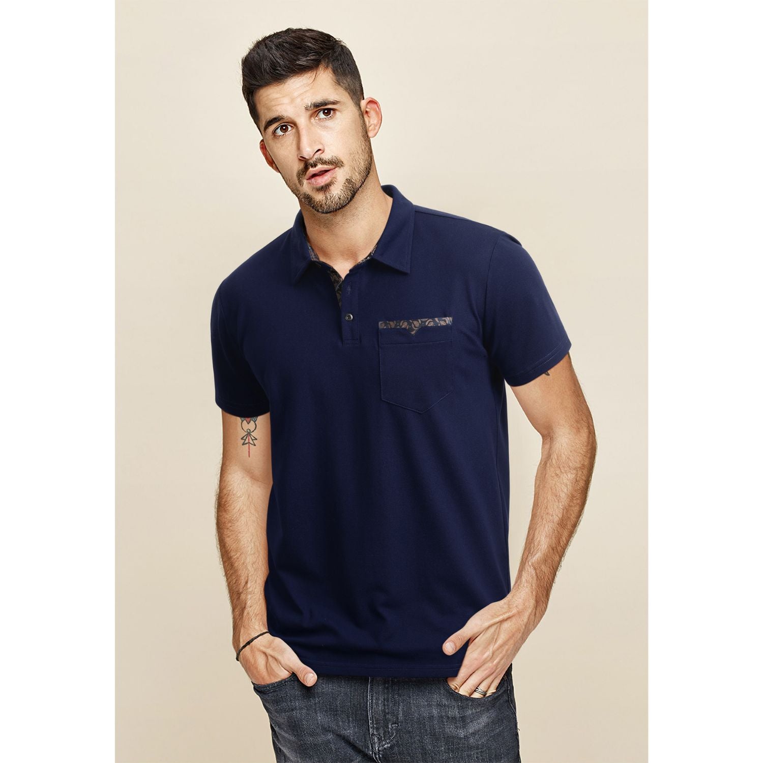 Polo Shirts Short Sleeve with Pocket - E-NAVY BLUE-PAISLEY2