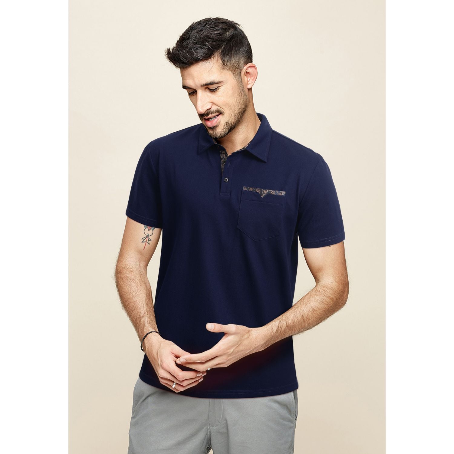Polo Shirts Short Sleeve with Pocket - E-NAVY BLUE-PAISLEY2