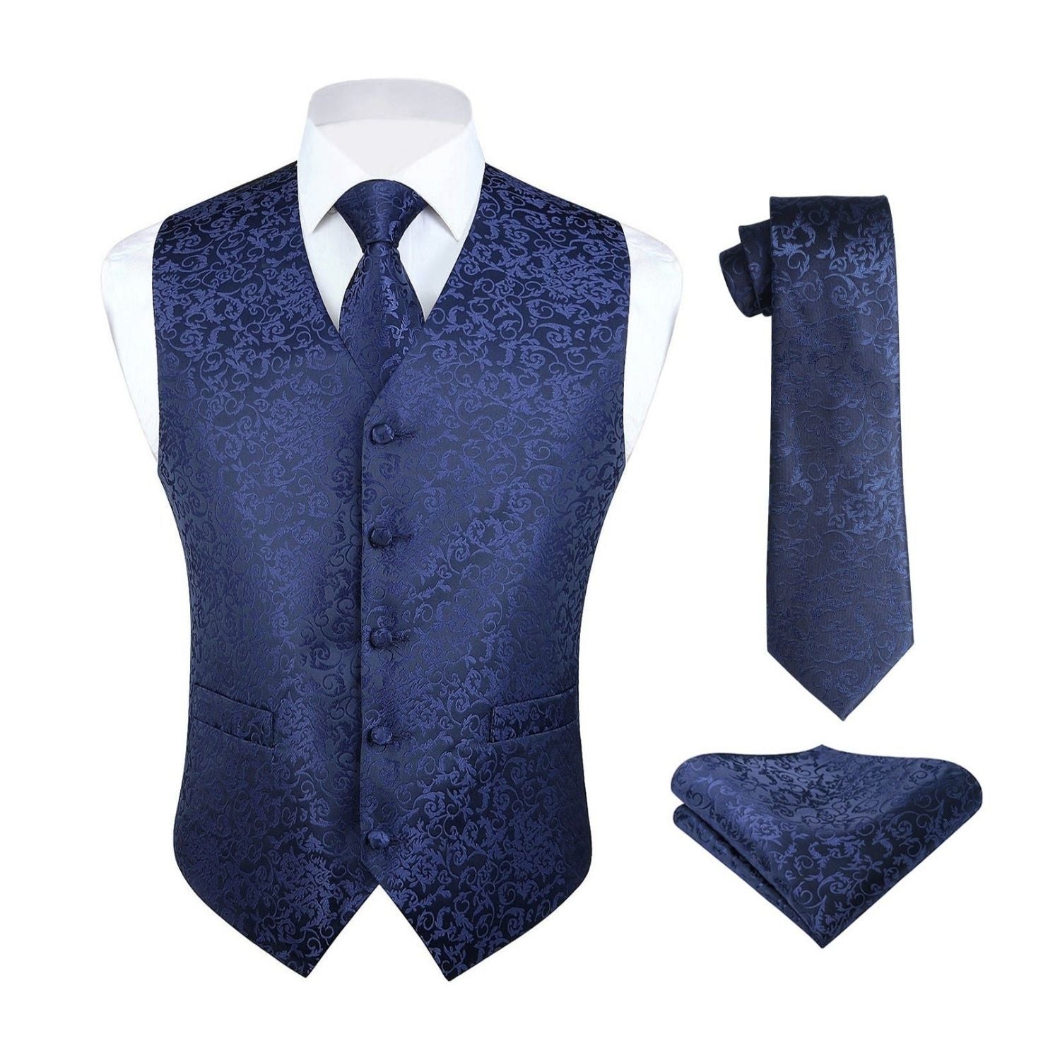 Paisley Suit Vest Tie Handkerchief Set - NAVY BLUE