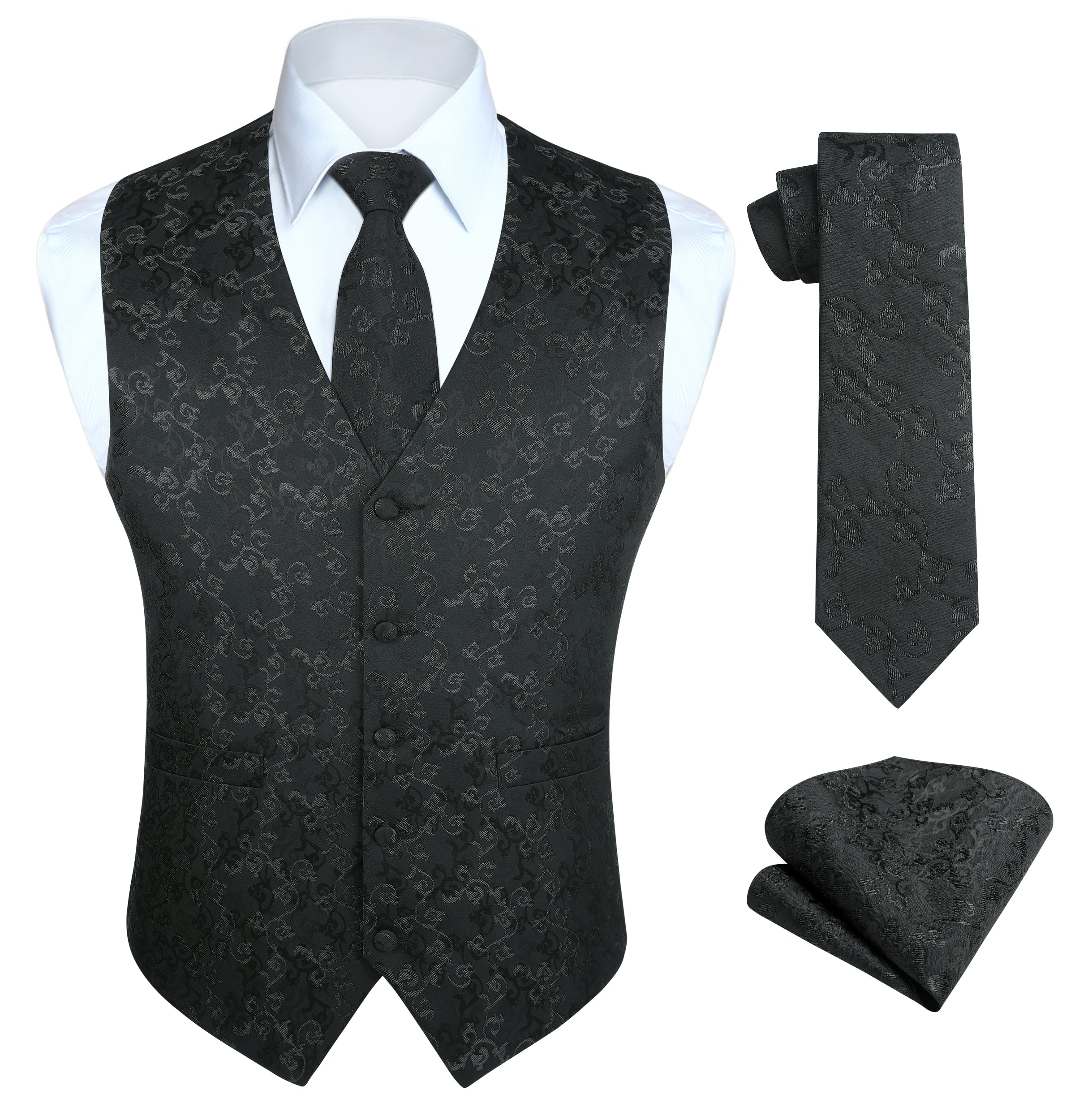 Paisley Floral 3pc Suit Vest Set - B-BLACK FLORAL JACQUARD