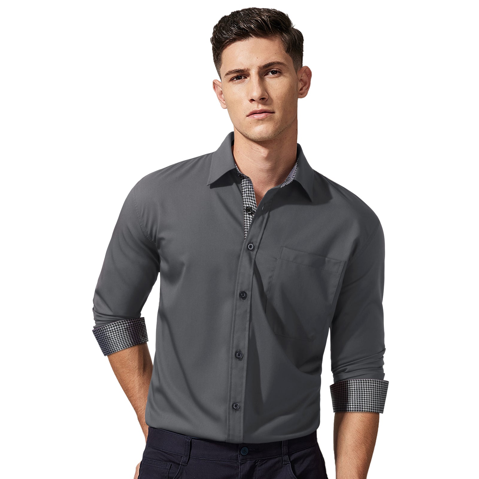 Casual Formal Shirt with Pocket - C-GREY1