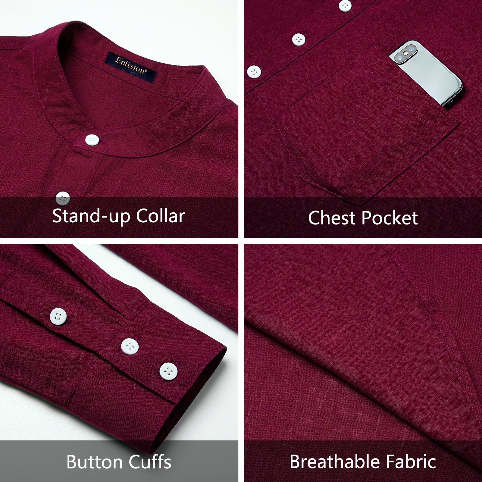 Casual Henley Shirt with Pocket - BURGUNDY
