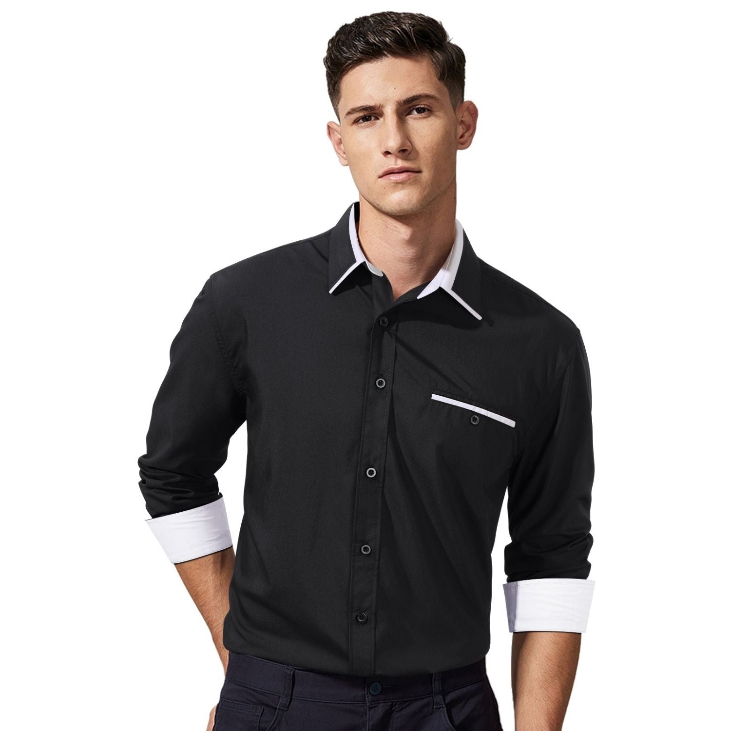 Casual Formal Shirt with Pocket - BLACK/WHITE
