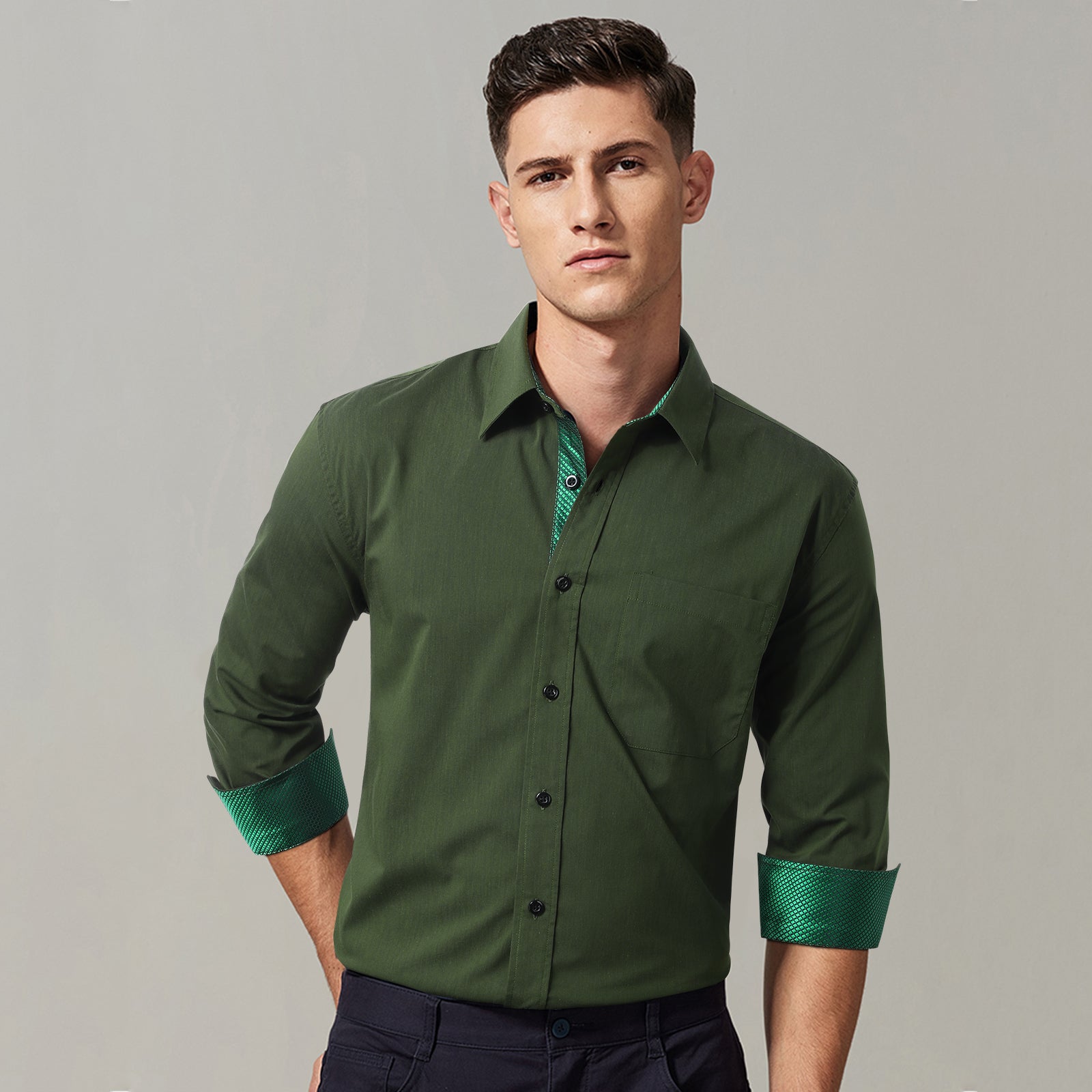 Casual Formal Shirt with Pocket - GREEN/PLAID