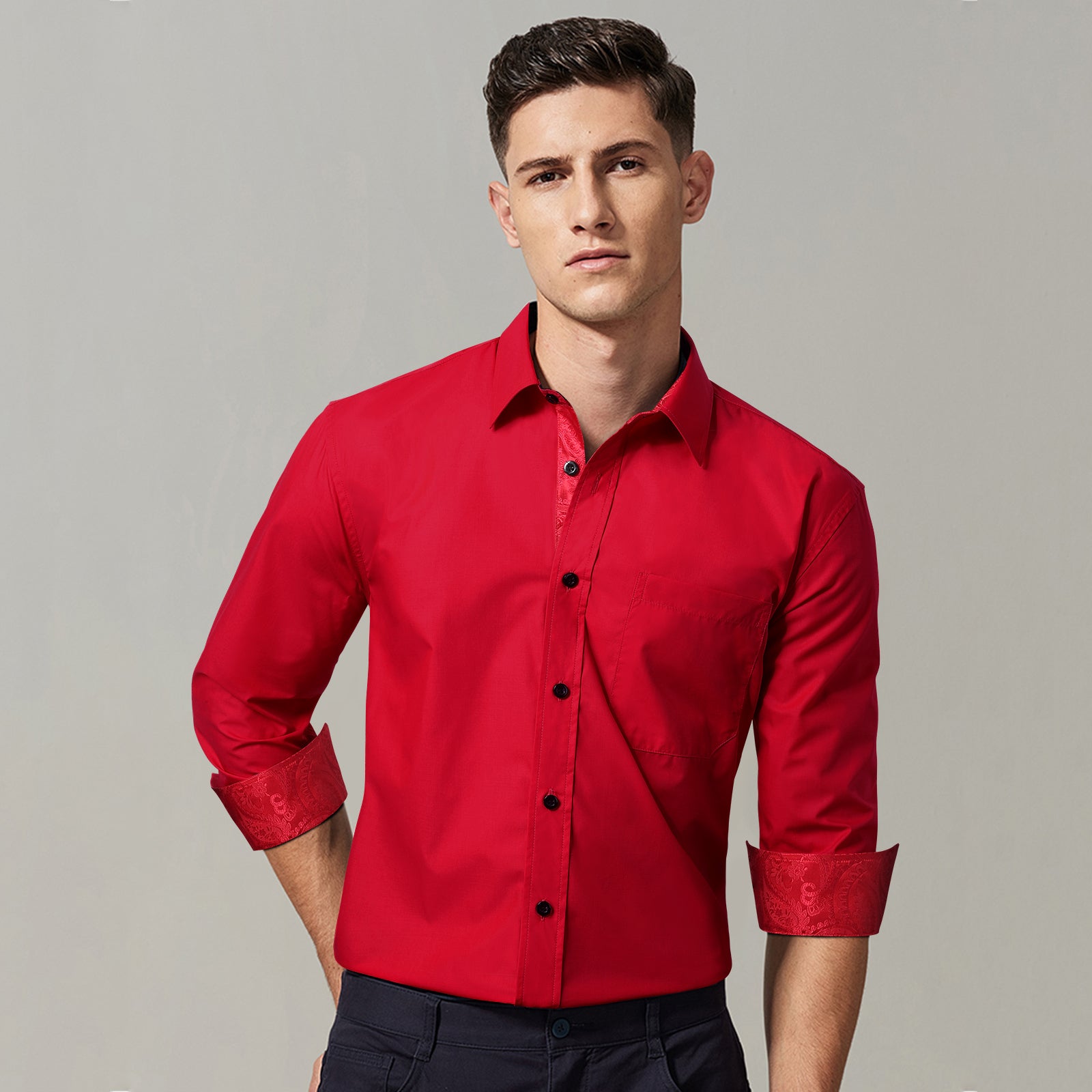 Casual Formal Shirt with Pocket - RED/PAISLEY