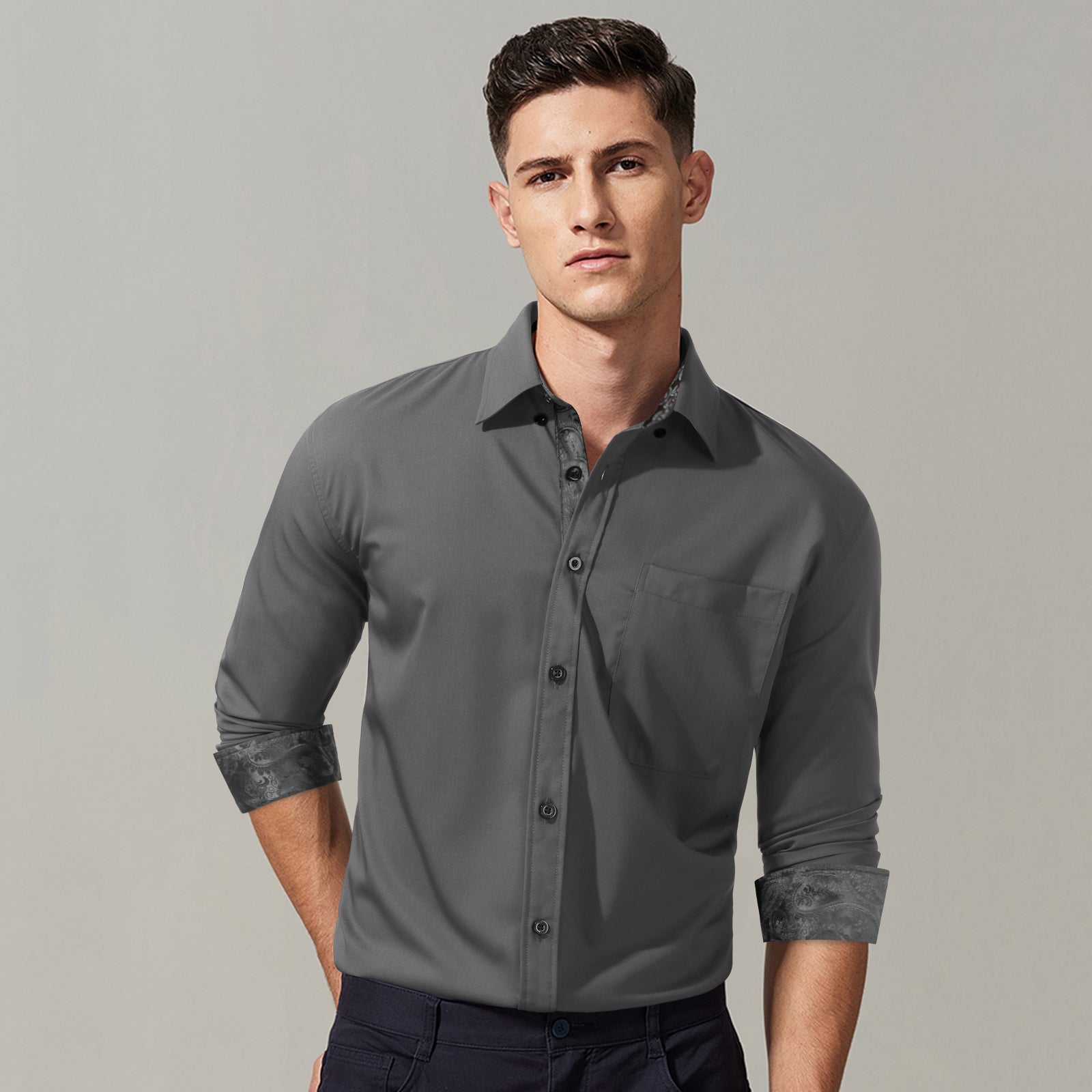 Casual Formal Shirt with Pocket - 18-GREY/PAISLEY