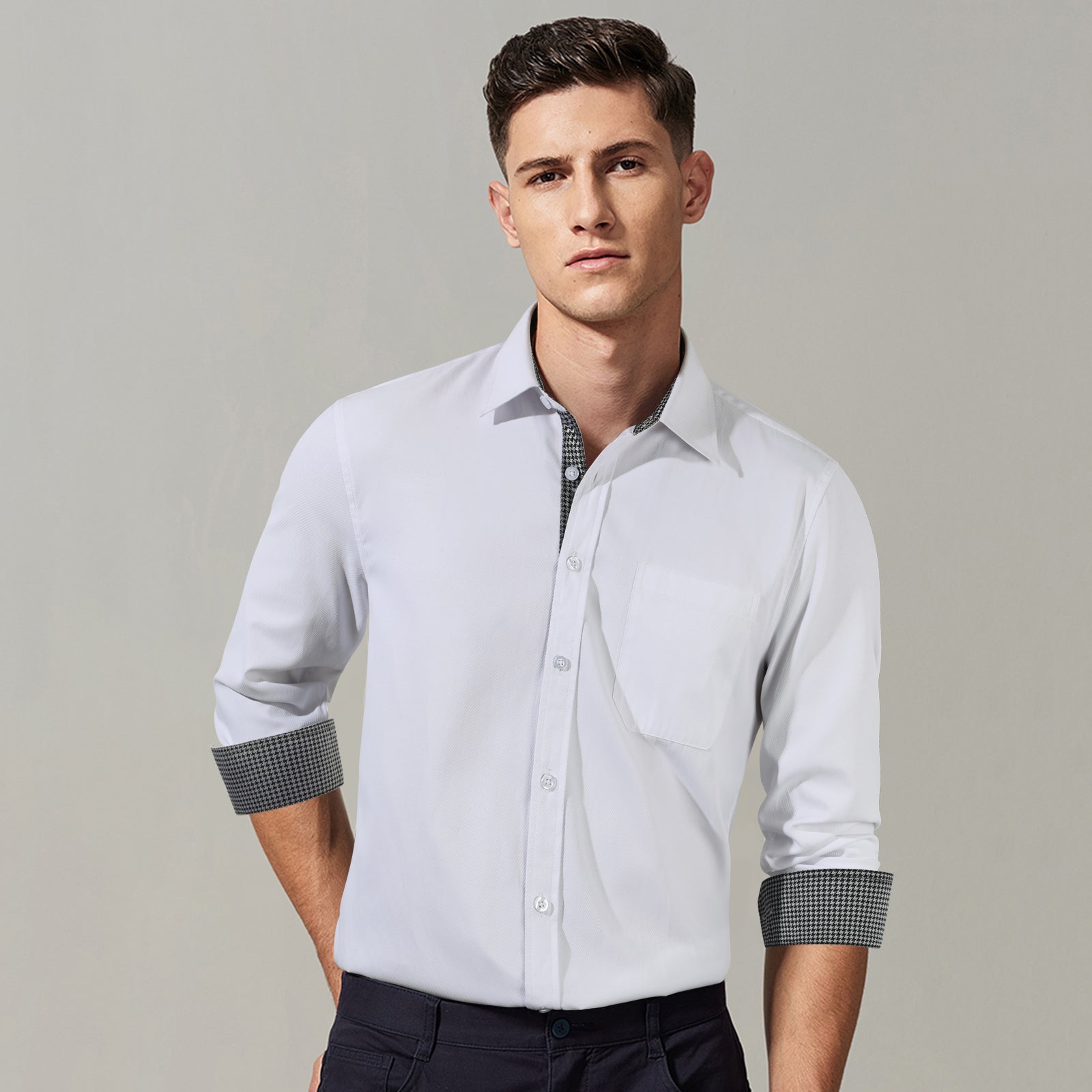 Casual Formal Shirt with Pocket - WHITE/PLAID