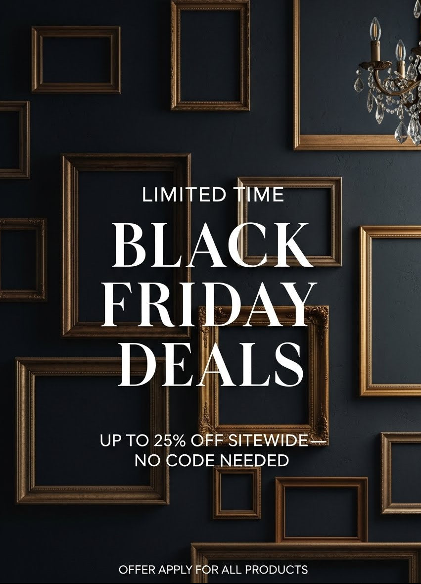Promotional text for Black Friday deals on a wall with framed pictures and a chandelier.